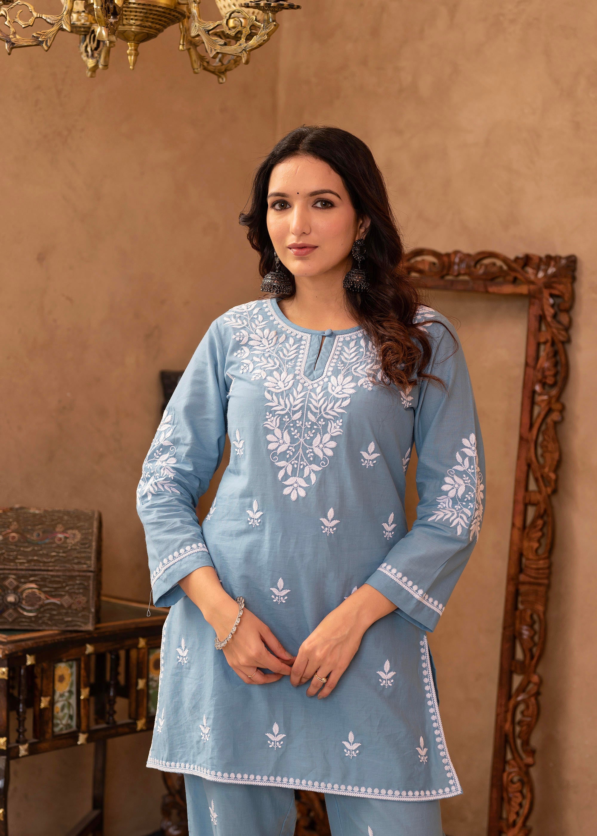 Blue Embroidered Cotton Slub Kurta with Pant & Button Details