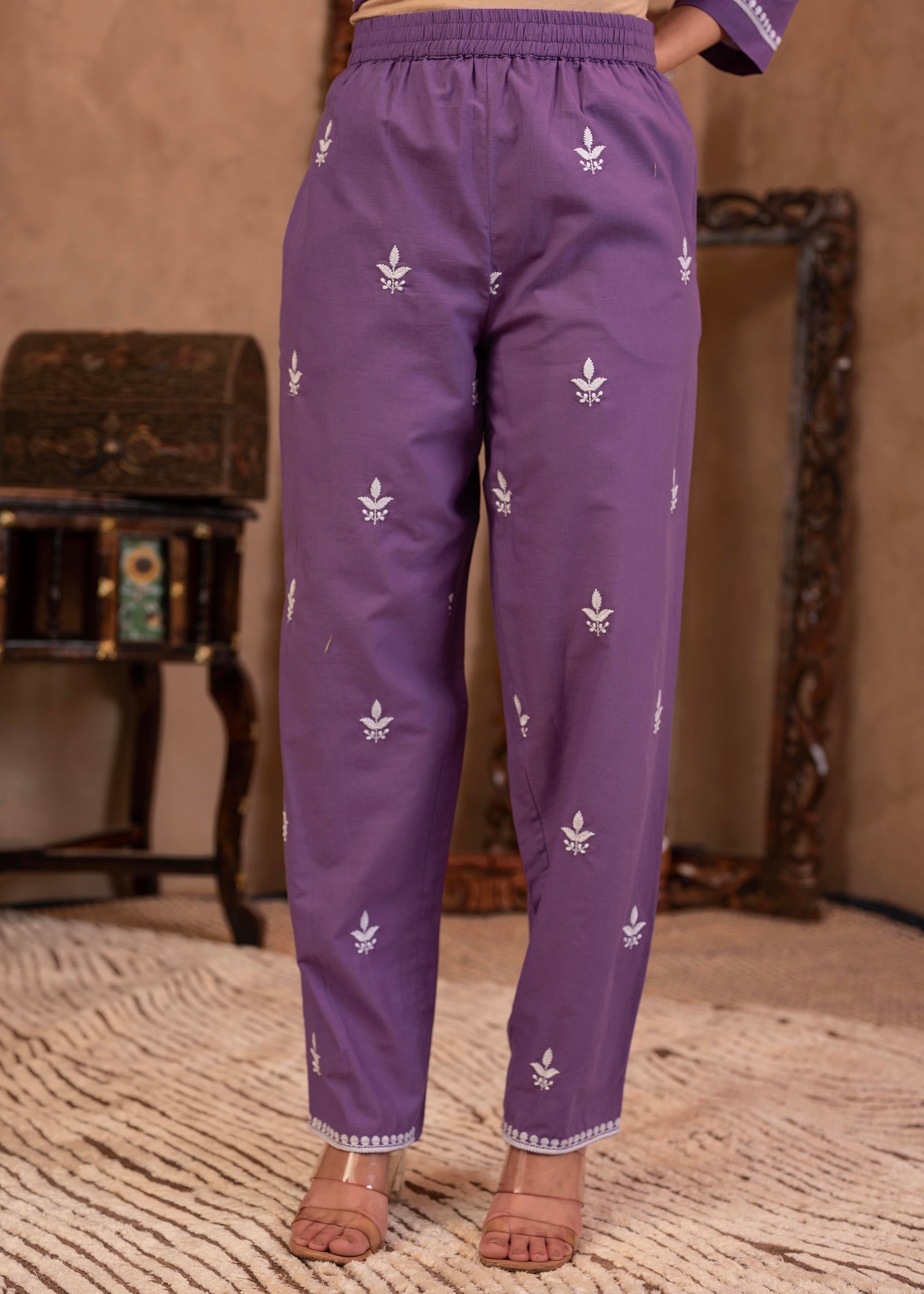 Purple Embroidered Cotton Kurta with Pant