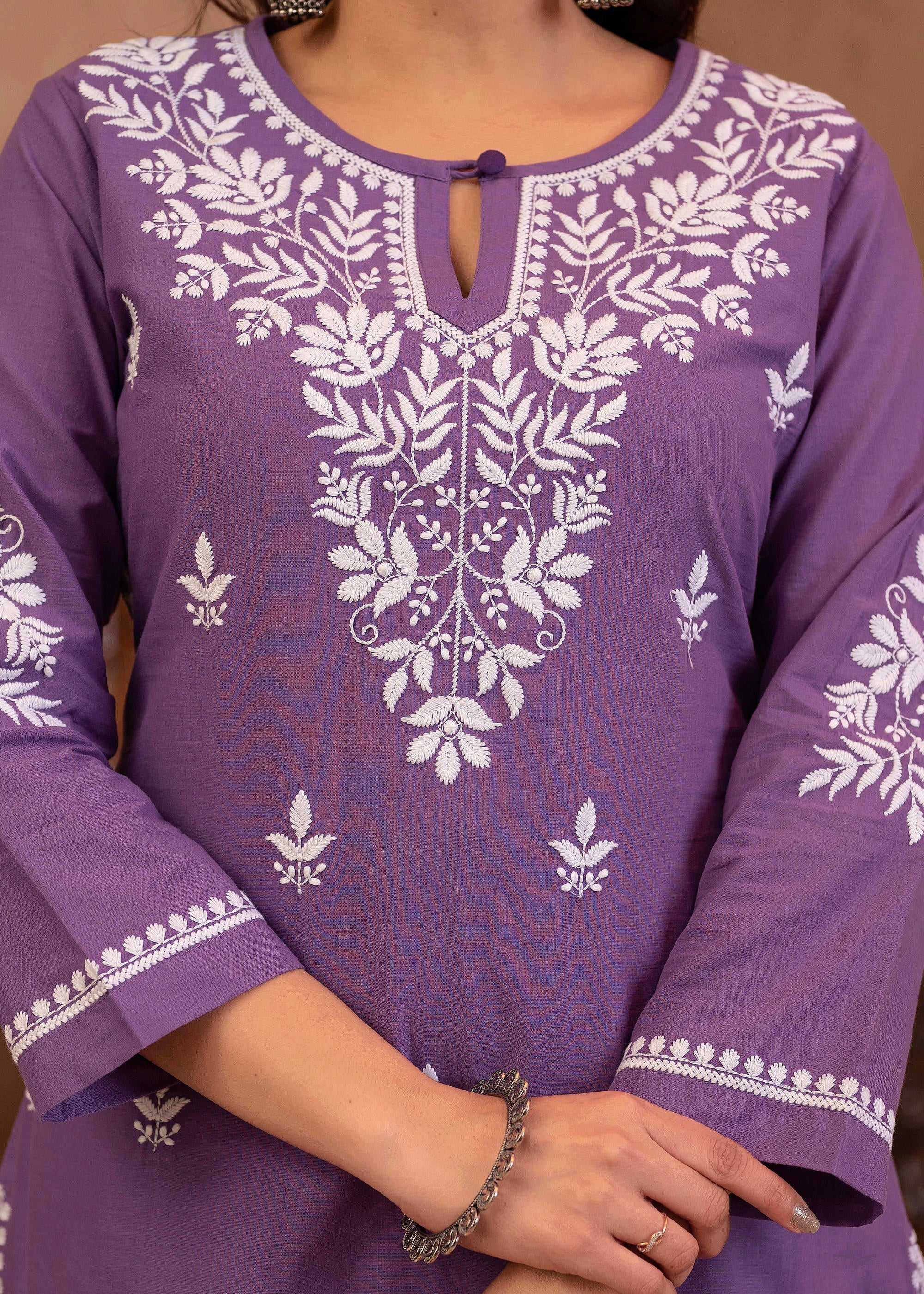 Purple Embroidered Cotton Kurta with Pant