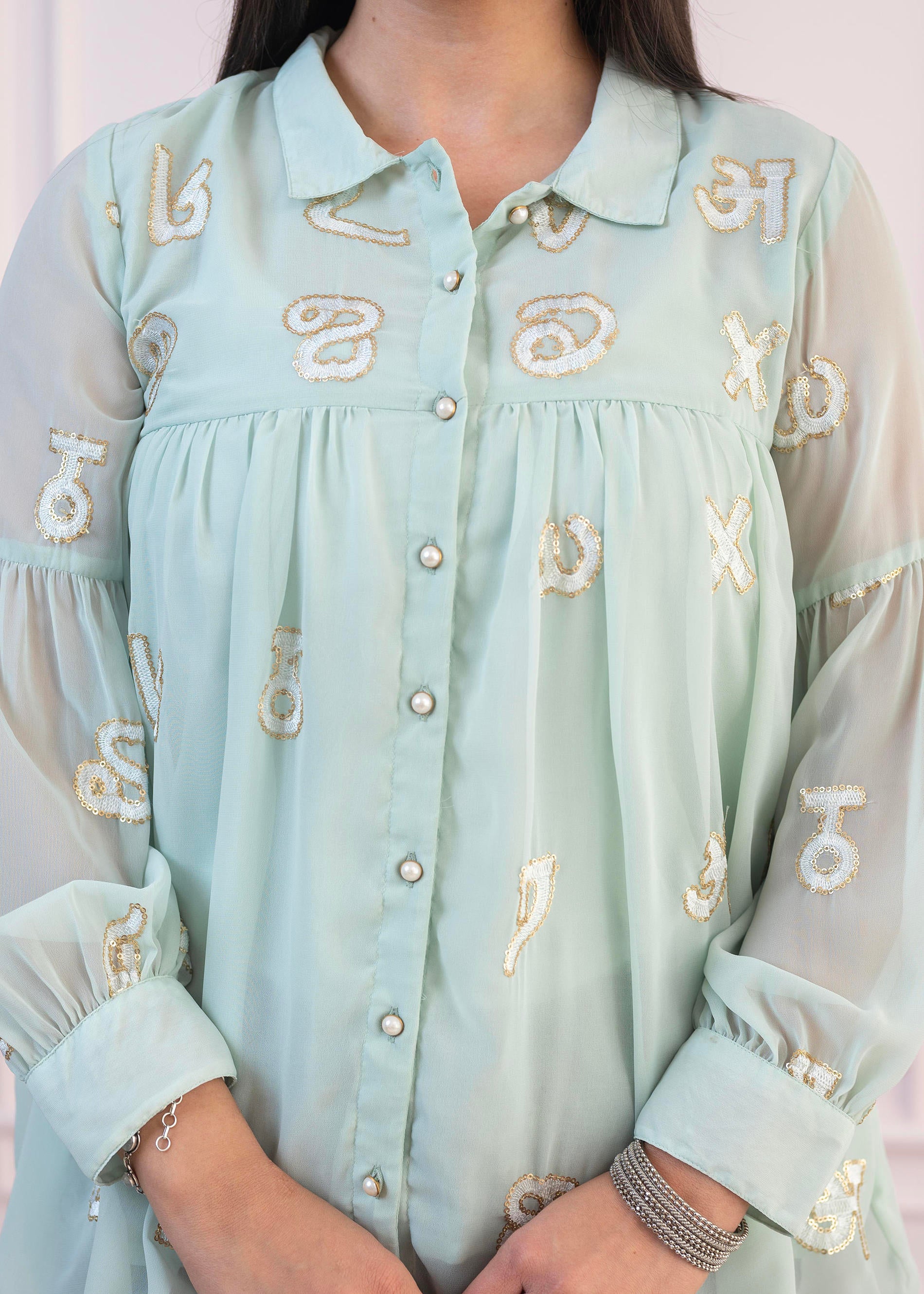 Mint Embroidered Cotton Kurta with Pant