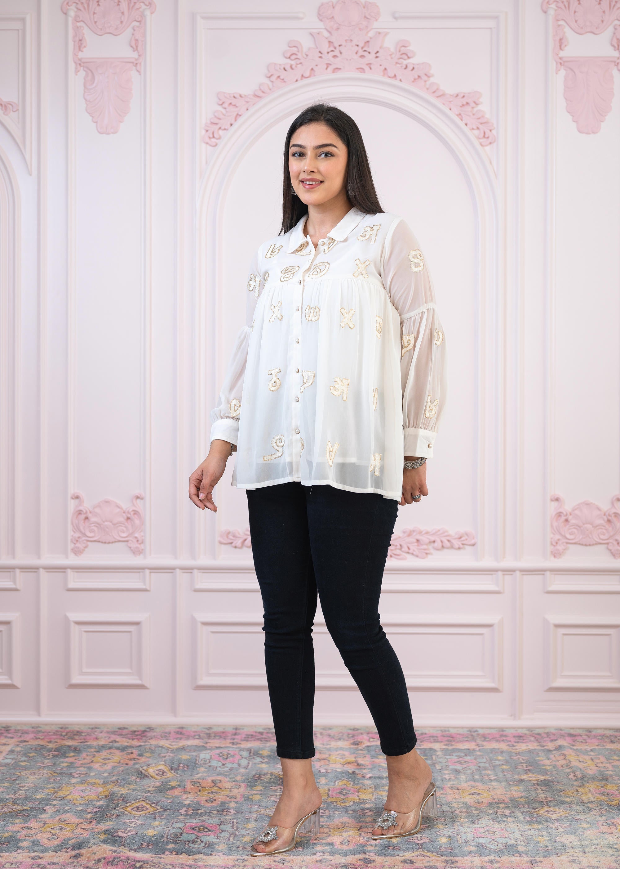 White embroiderd and sequince tunic with buttons