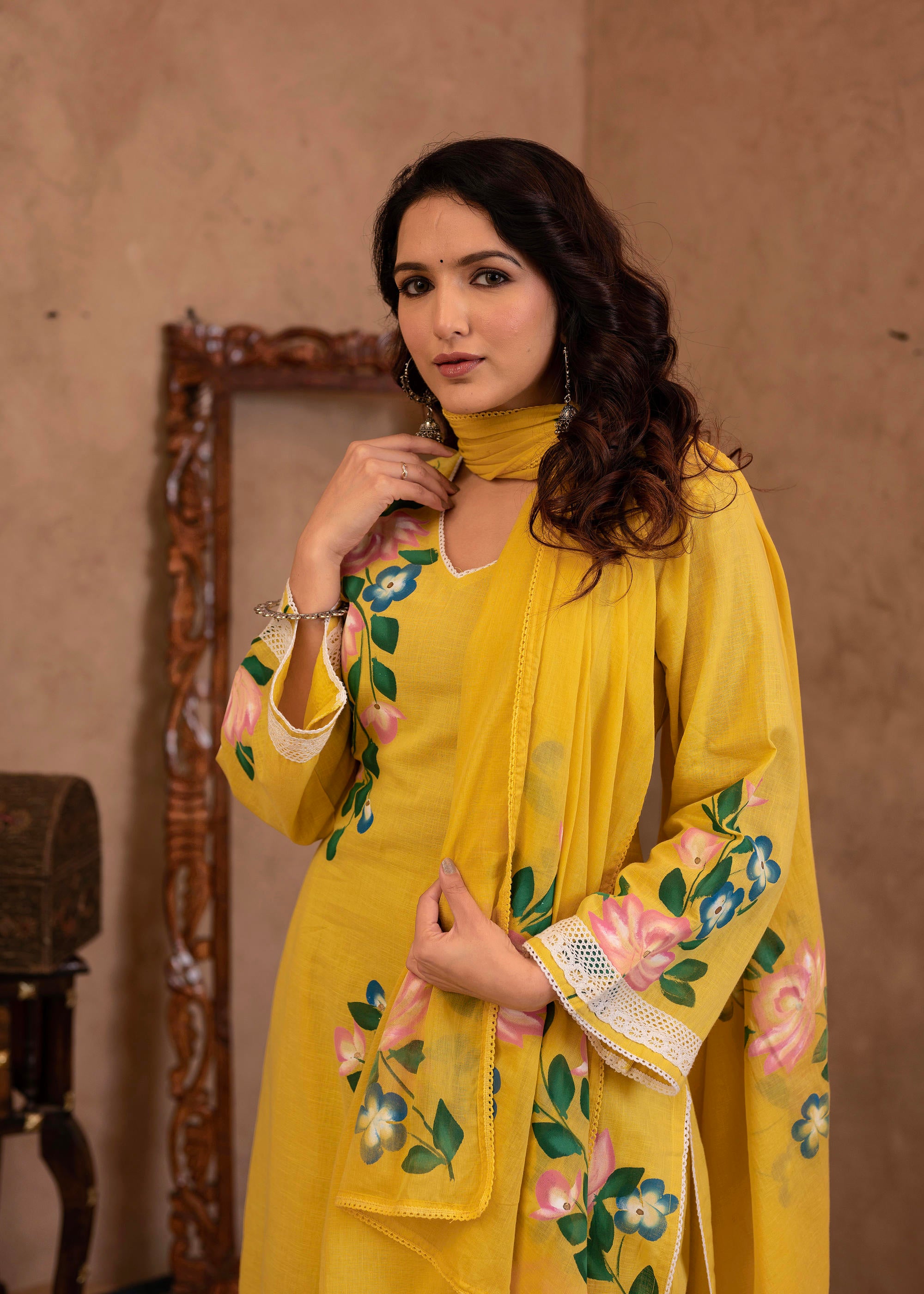 Yellow Cotton Slub Floral Printed Kurta-Pant & Dupatta Set with Lace Work