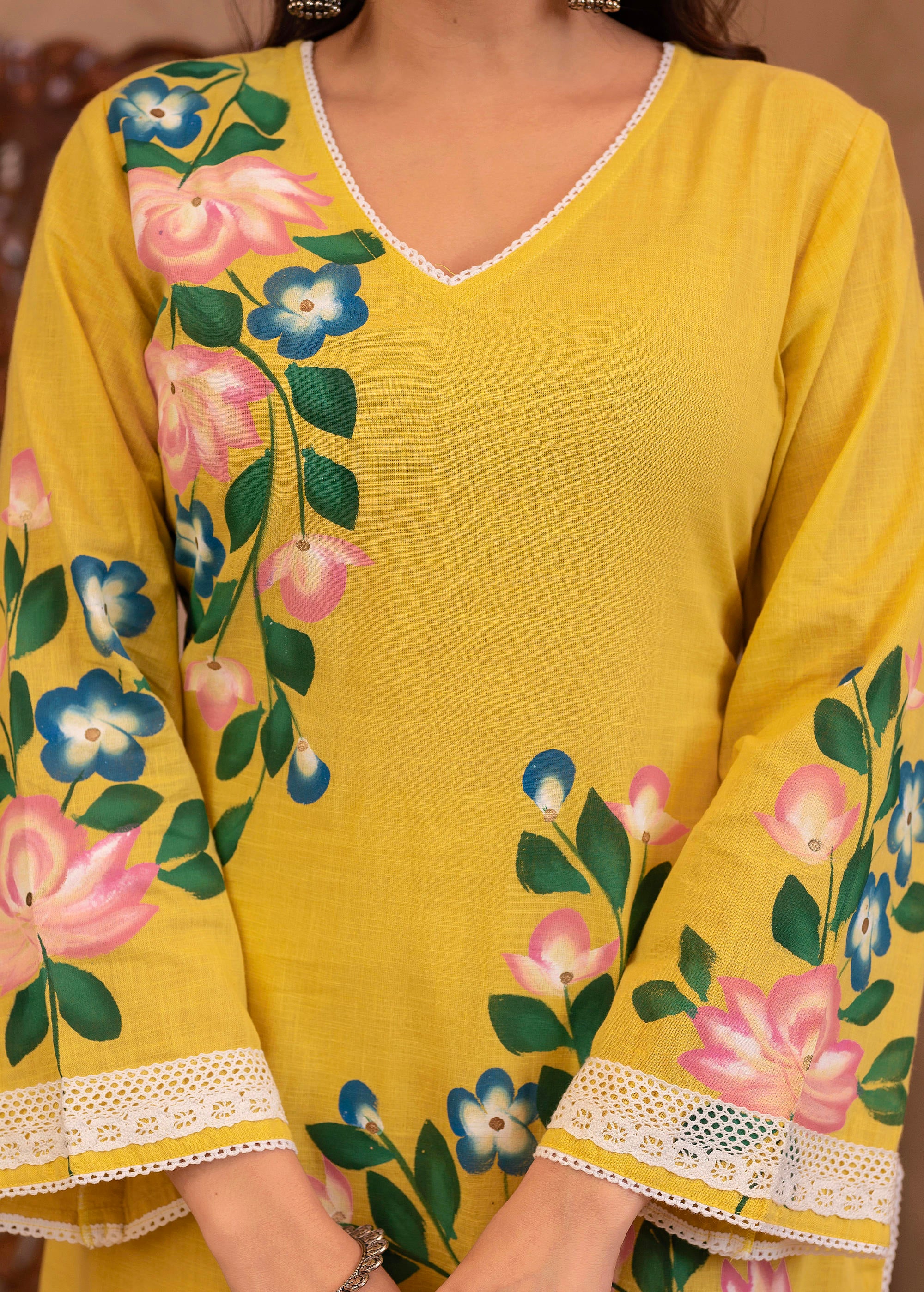 Yellow Cotton Slub Floral Printed Kurta-Pant & Dupatta Set with Lace Work