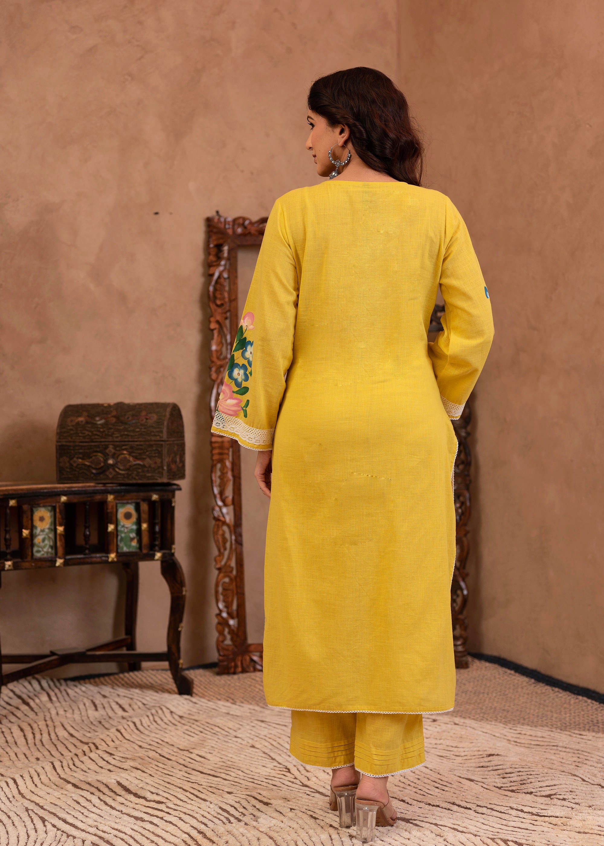 Yellow Cotton Slub Floral Printed Kurta-Pant & Dupatta Set with Lace Work