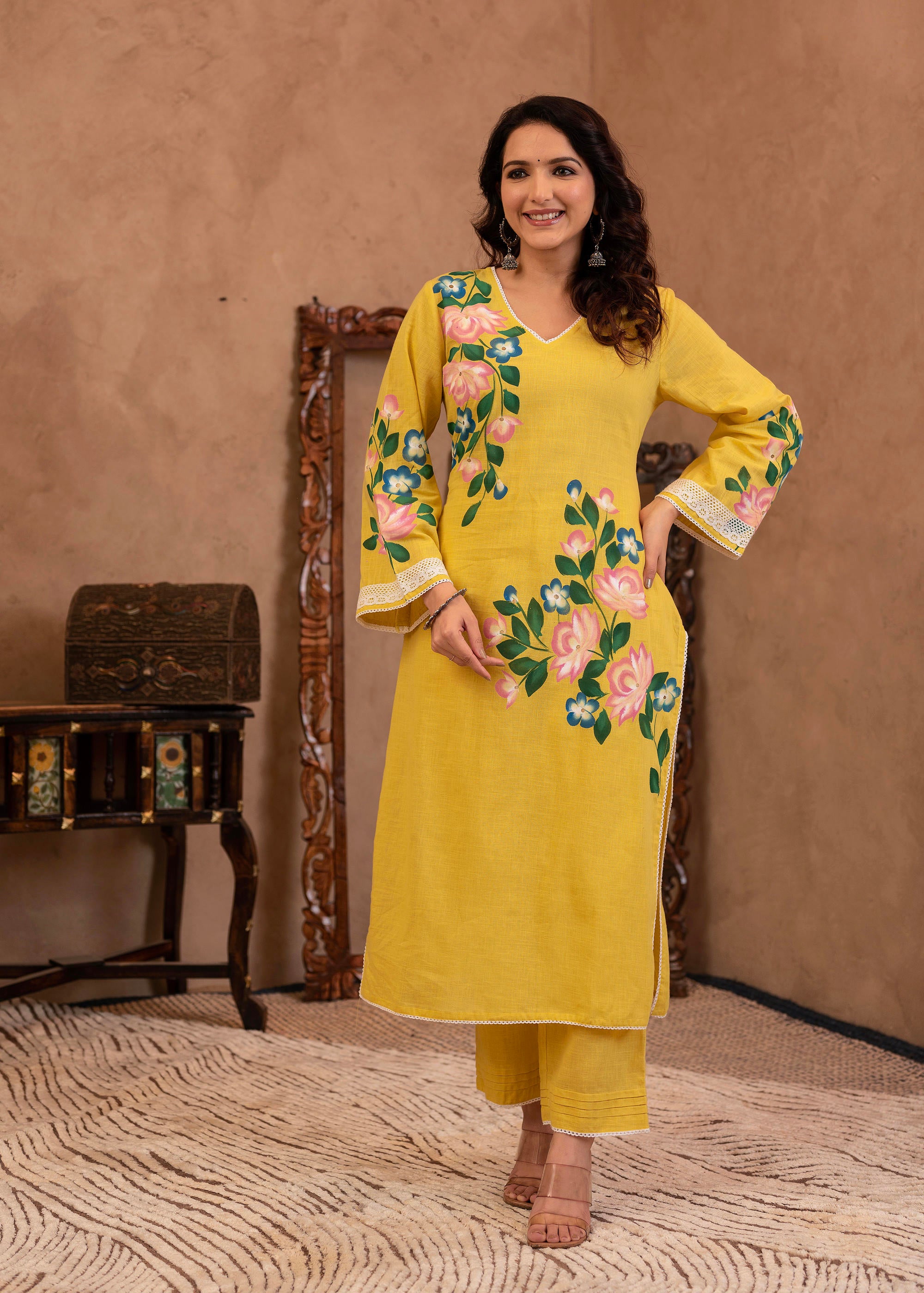 Yellow Cotton Slub Floral Printed Kurta-Pant & Dupatta Set with Lace Work