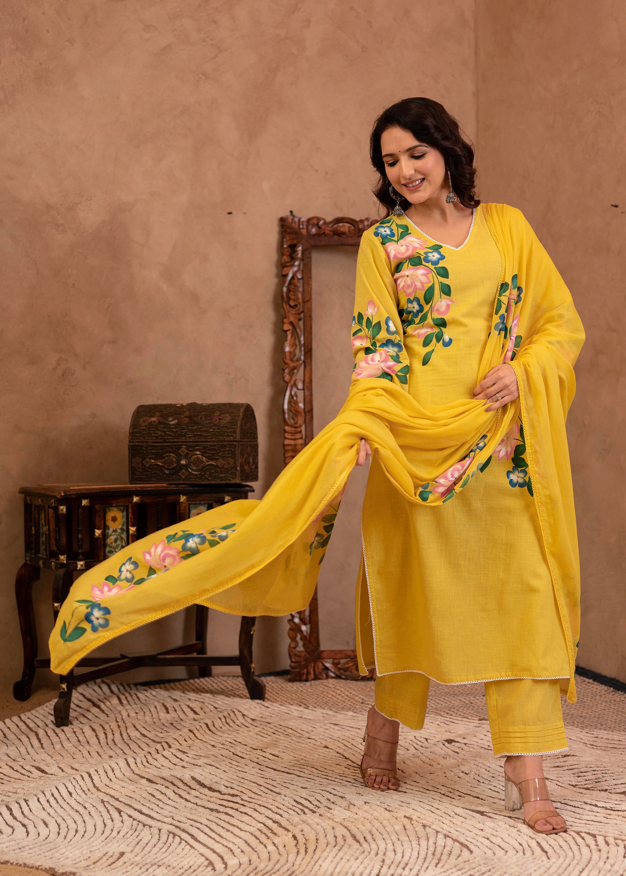 Yellow Cotton Slub Floral Printed Kurta-Pant & Dupatta Set with Lace Work