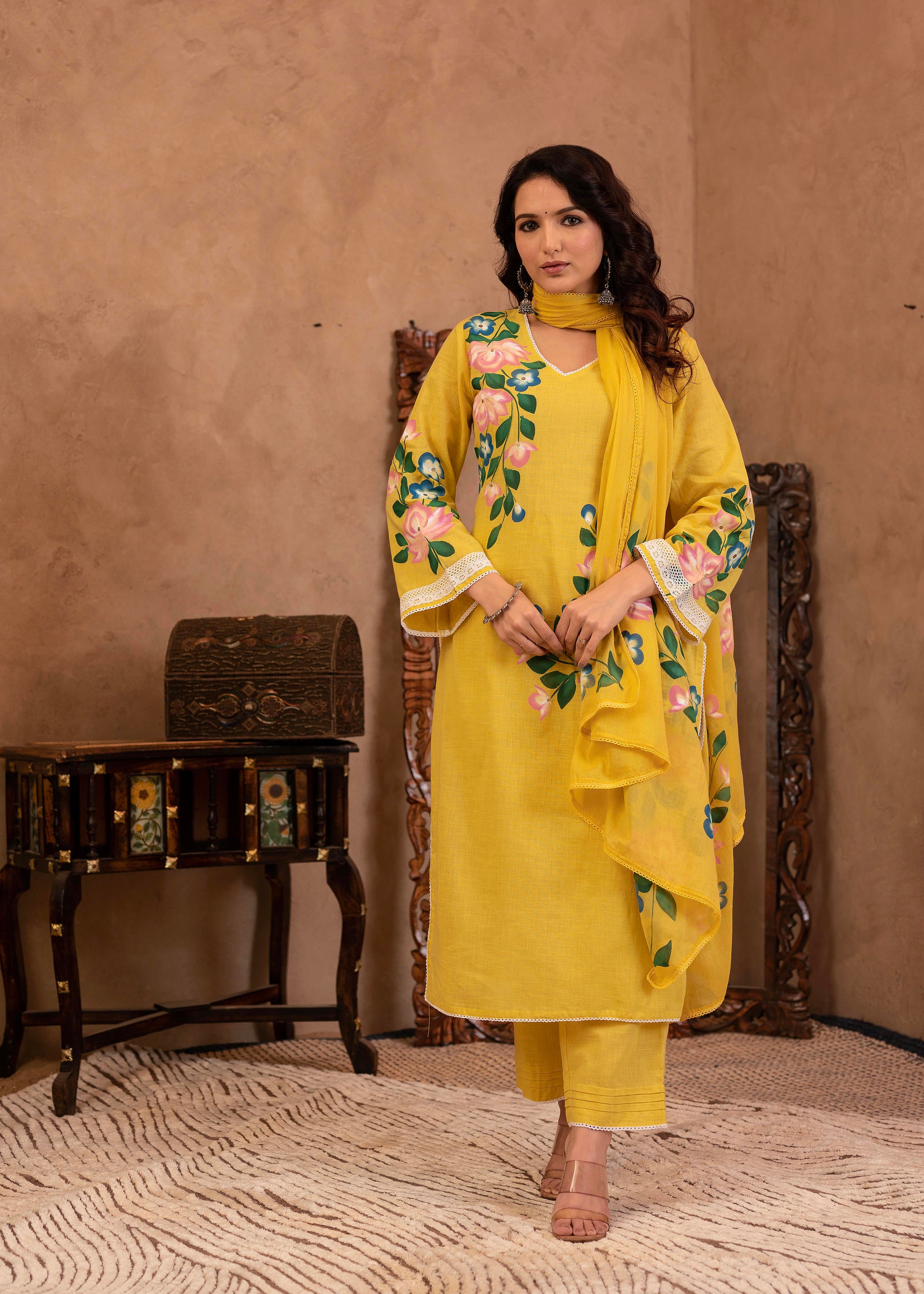 Yellow Cotton Slub Floral Printed Kurta-Pant & Dupatta Set with Lace Work