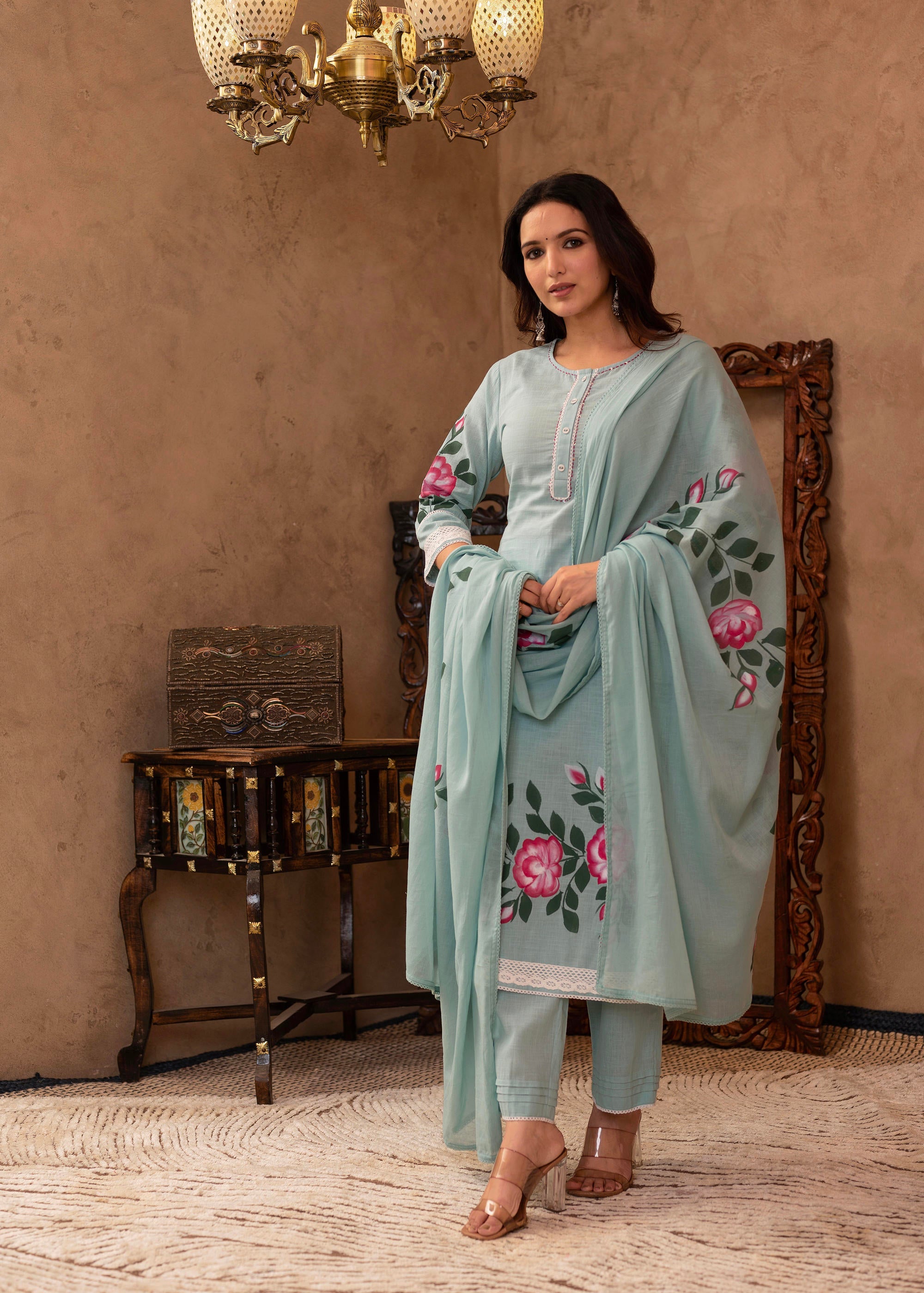 Sky Blue Cotton Slub Floral Printed Kurta-Pant & Dupatta Set with Lace, Thread Work & Button Closure