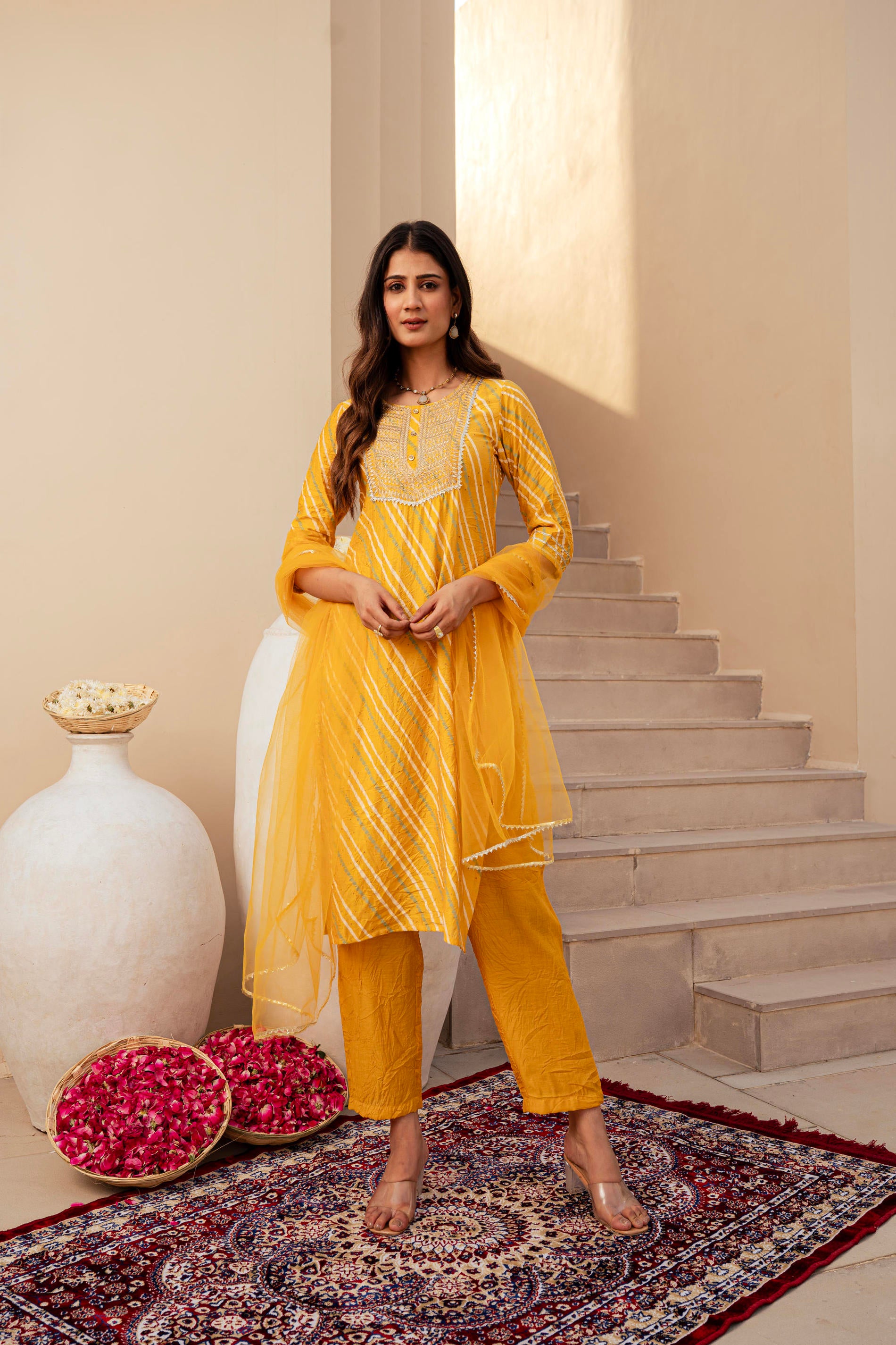 Yellow Bandhej Print Kurta Set with Embroidered Yoke and Net Dupatta