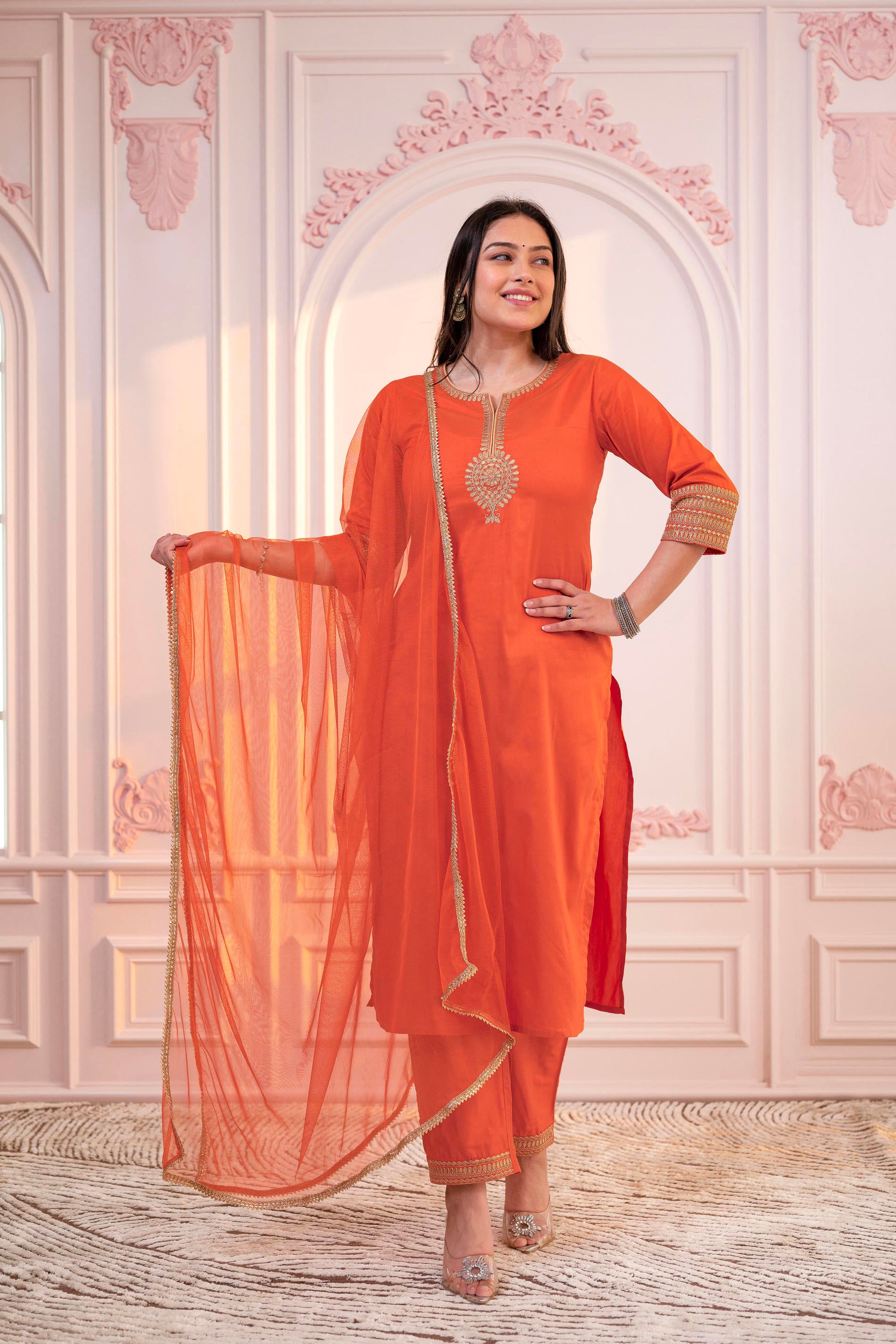 Orange Embellished Kurta Set with Net Dupatta and Mirror Embroidery