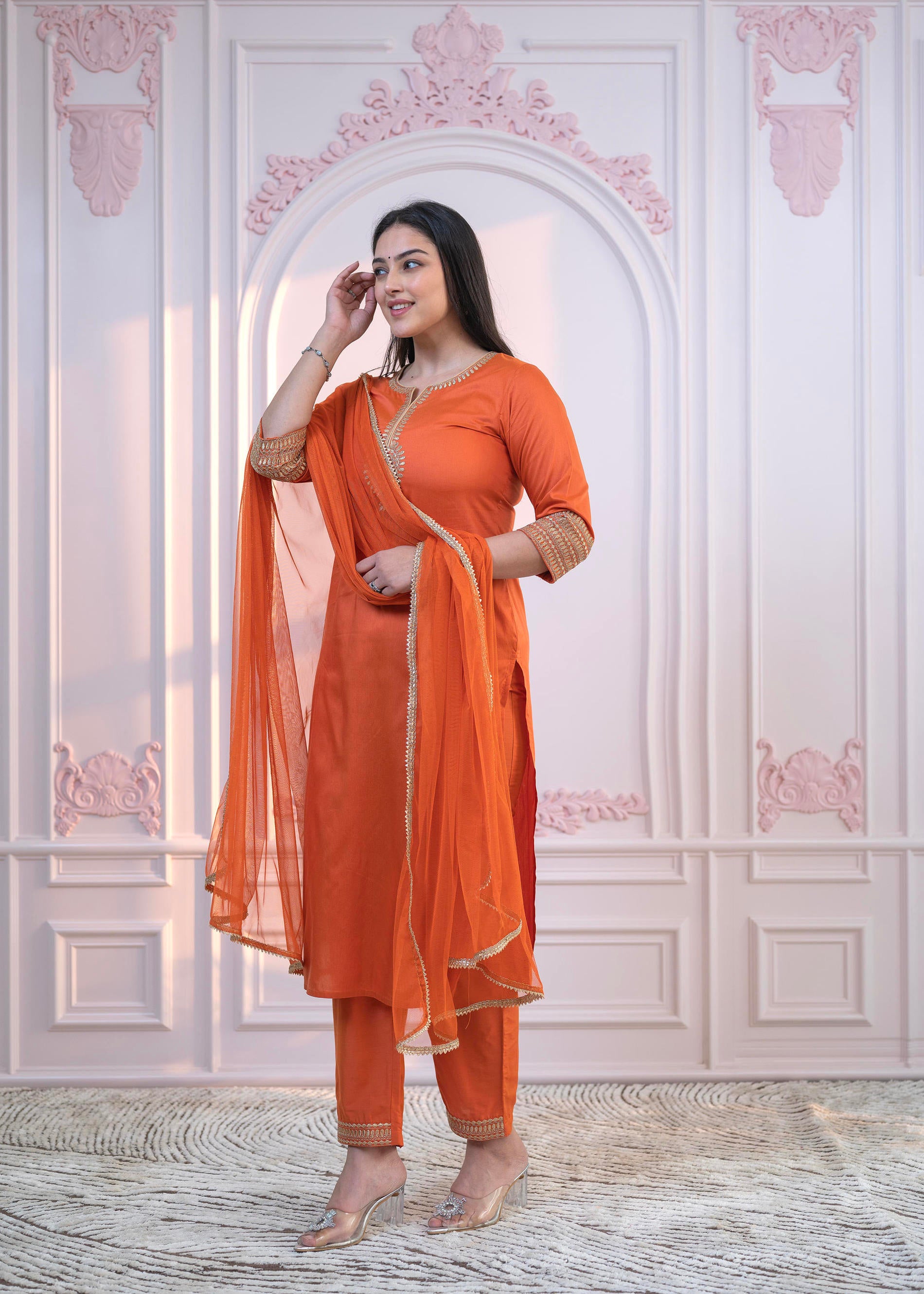 Orange Embellished Kurta Set with Net Dupatta and Mirror Embroidery