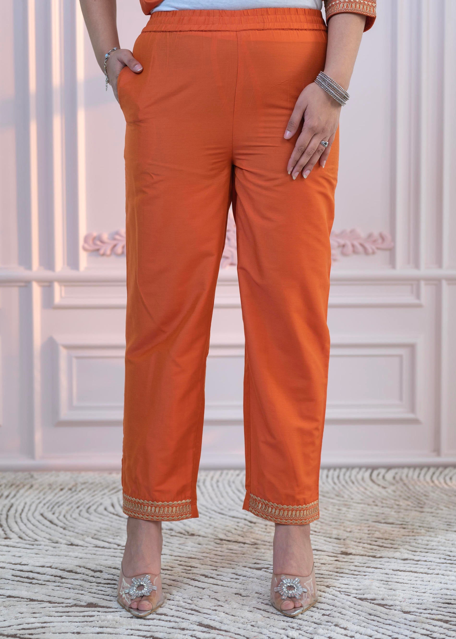 Orange Embellished Kurta Set with Net Dupatta and Mirror Embroidery