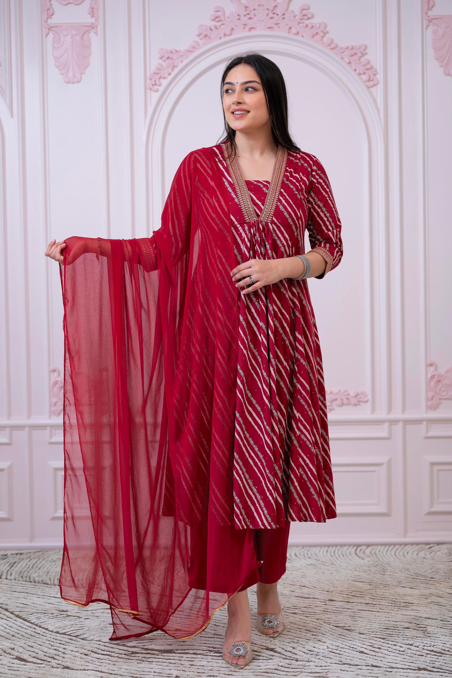 Maroon Angrakha-Style Kurta Set with Gota Work and Dupatta