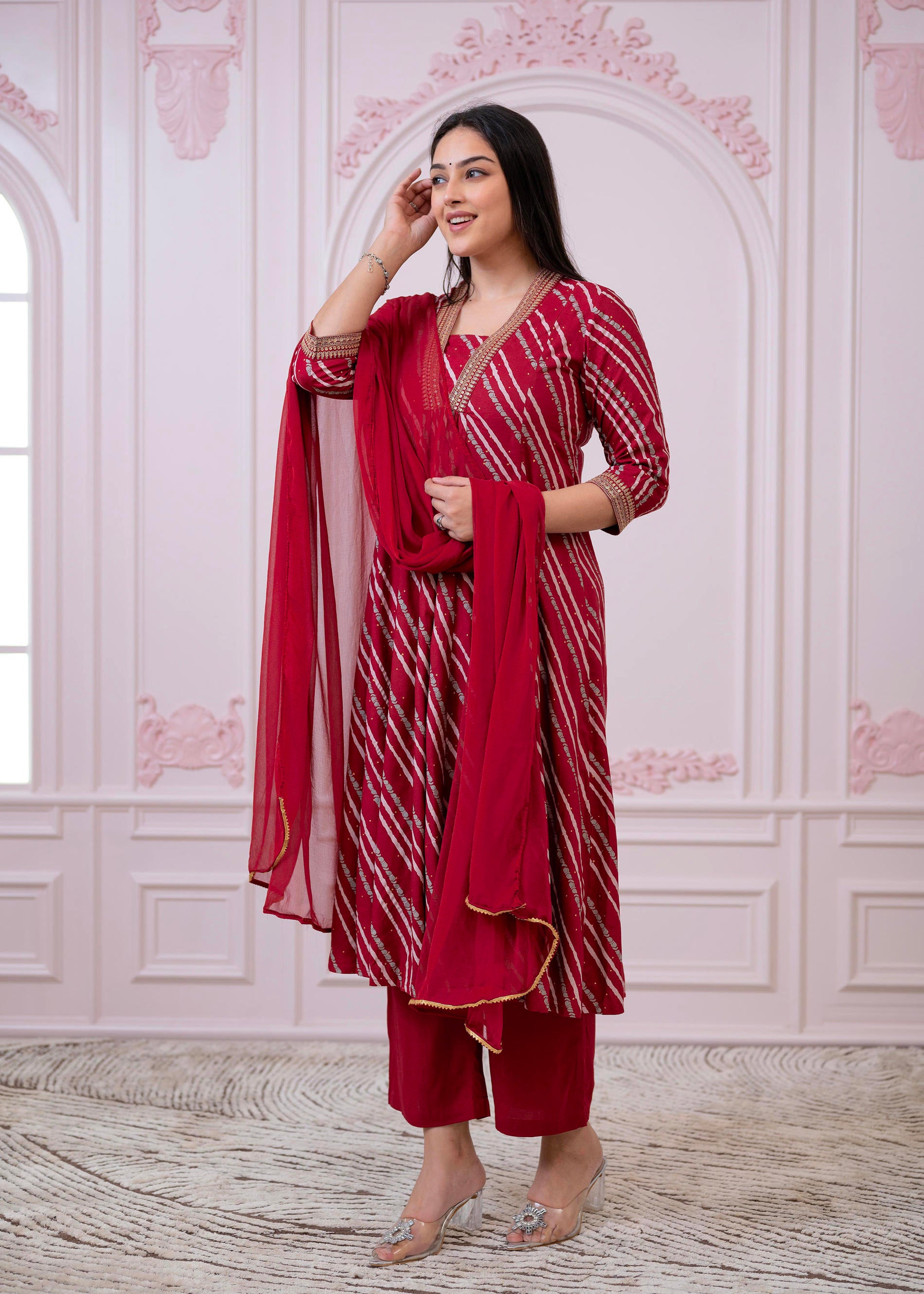 Maroon Angrakha-Style Kurta Set with Gota Work and Dupatta
