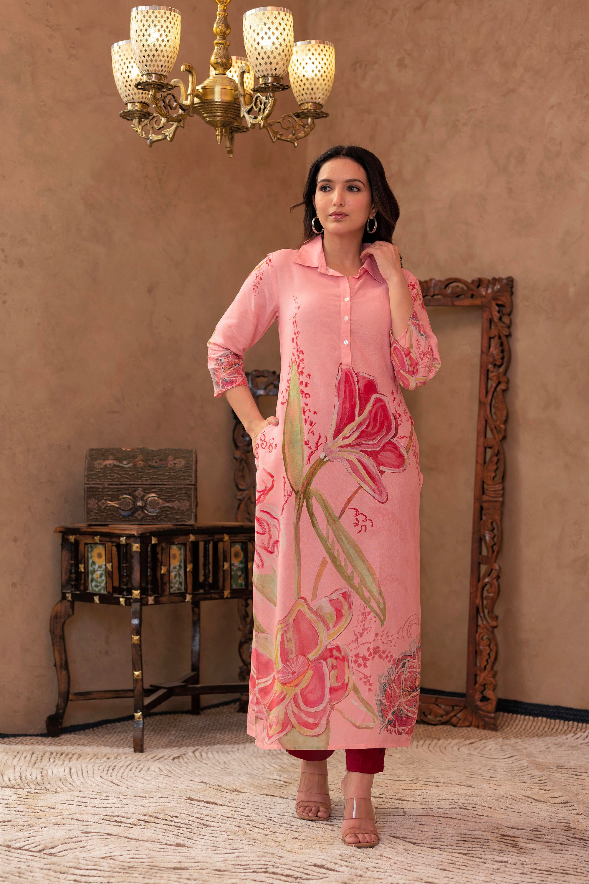 Pink Floral Printed Viscose Kurta with Button Detailing