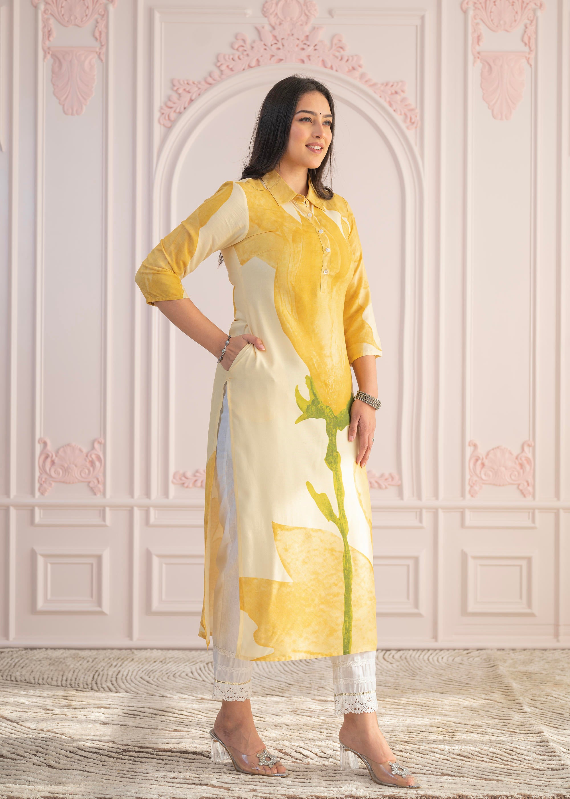 Yellow Floral Printed Viscose Kurta with Button Details