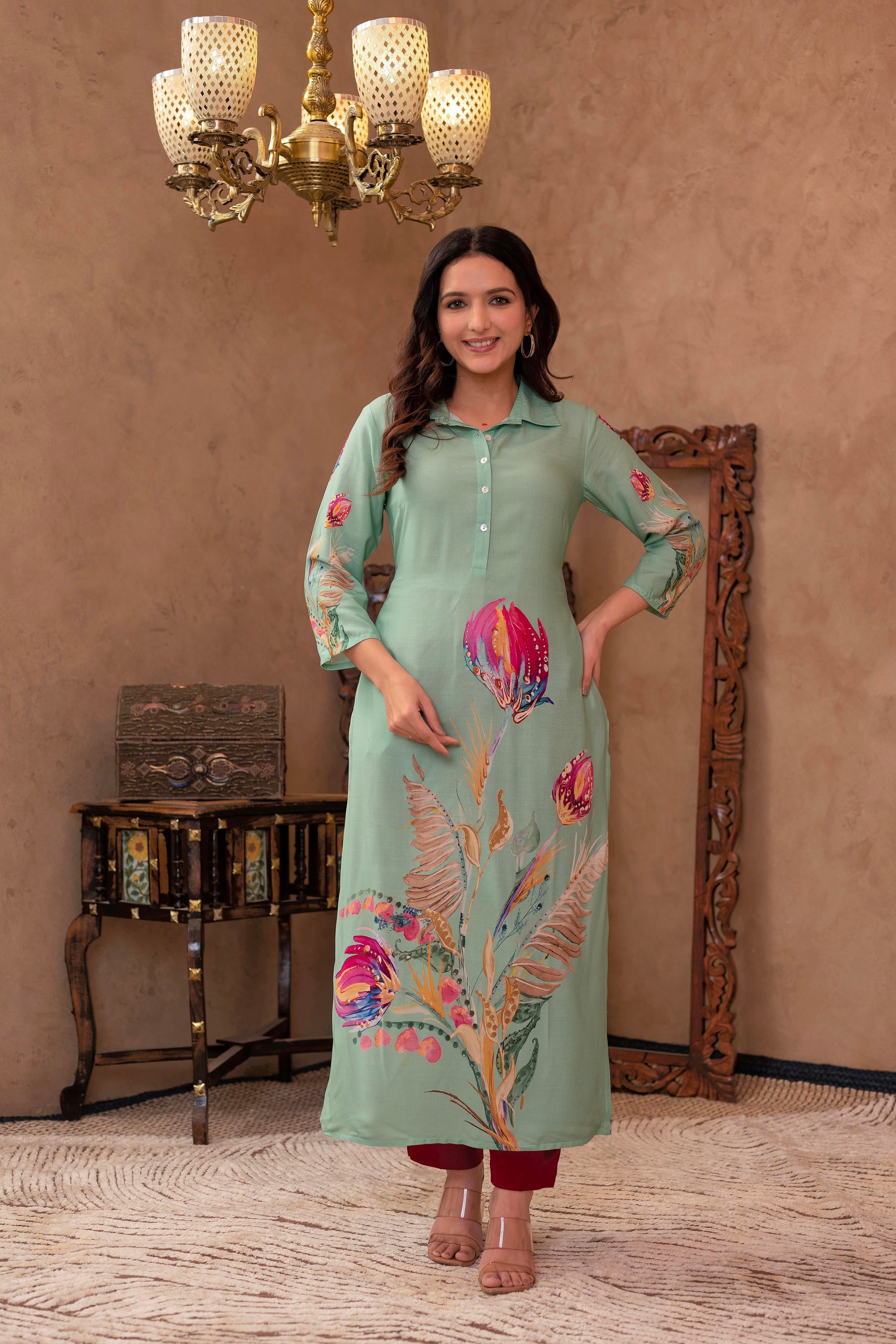 Mint Floral Printed Viscose Kurta with Shell Buttons