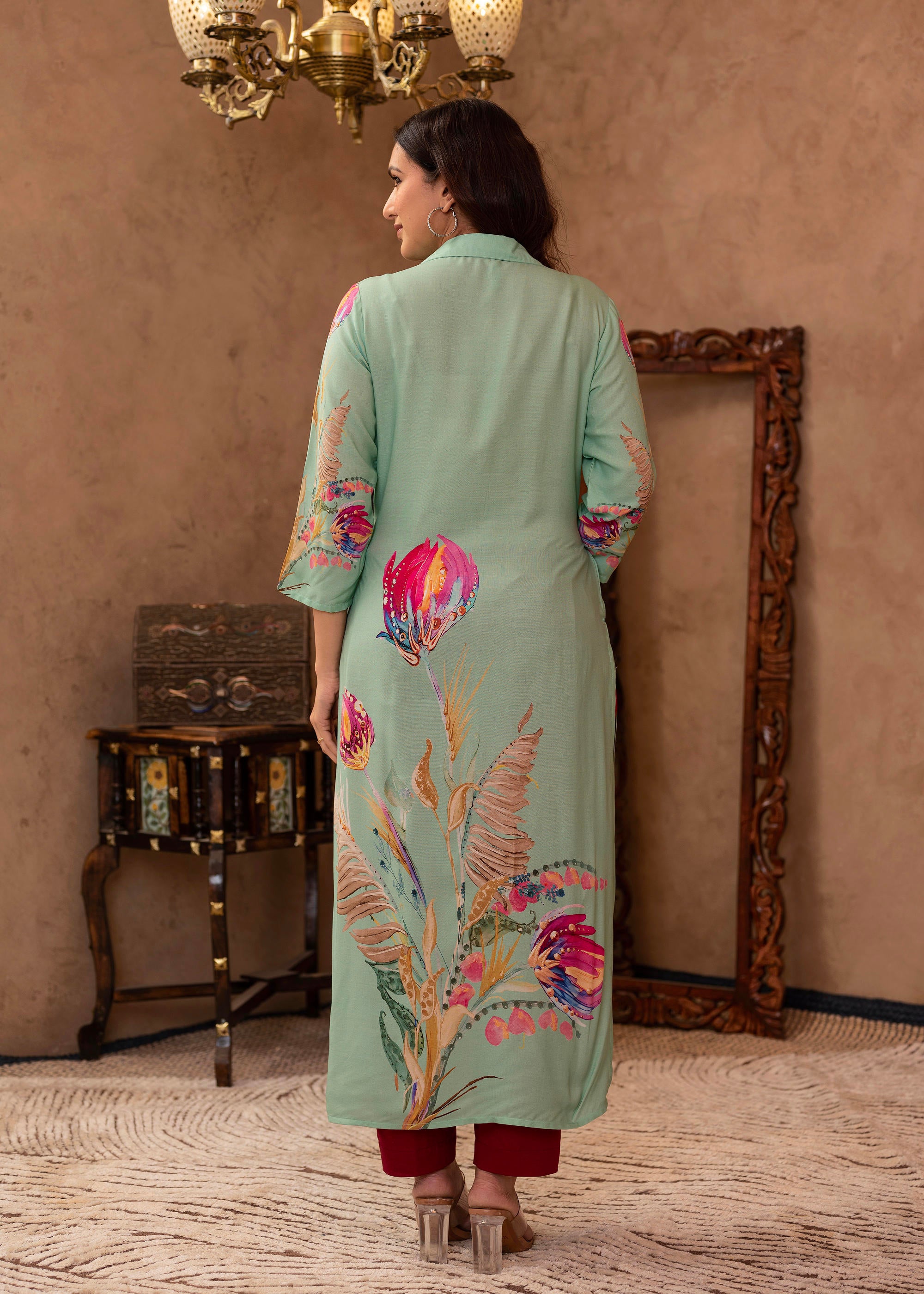 Mint Floral Printed Viscose Kurta with Shell Buttons