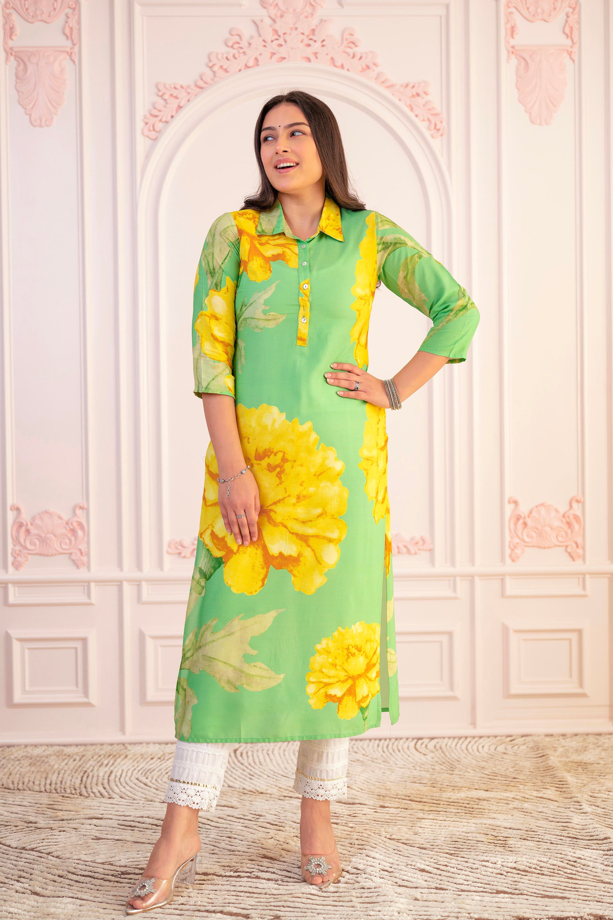 Green & Yellow Printed Viscose Kurta with Button Details