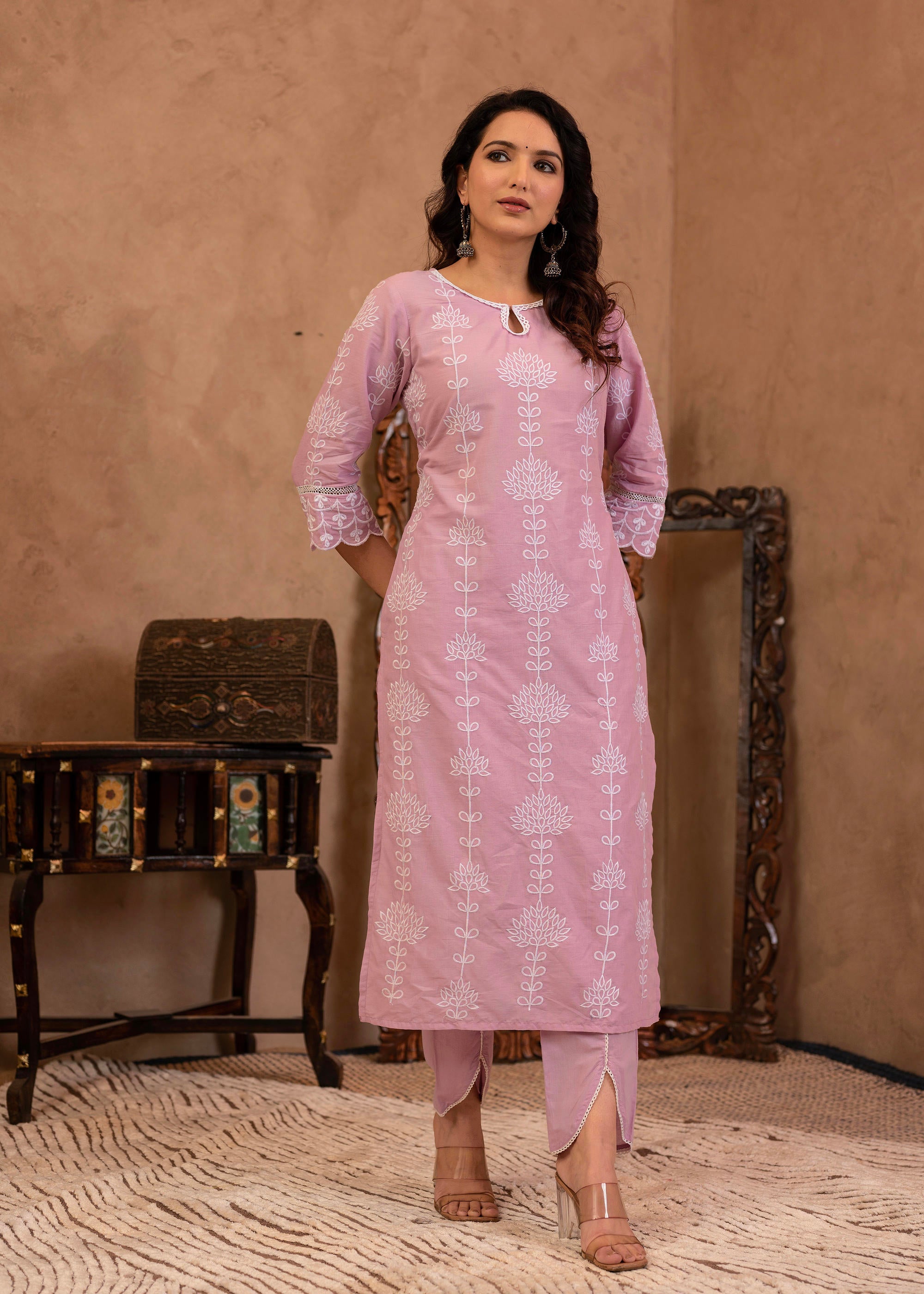 Lavender Embroidered Cotton Kurta with Palazzo & Cotton Sleeves