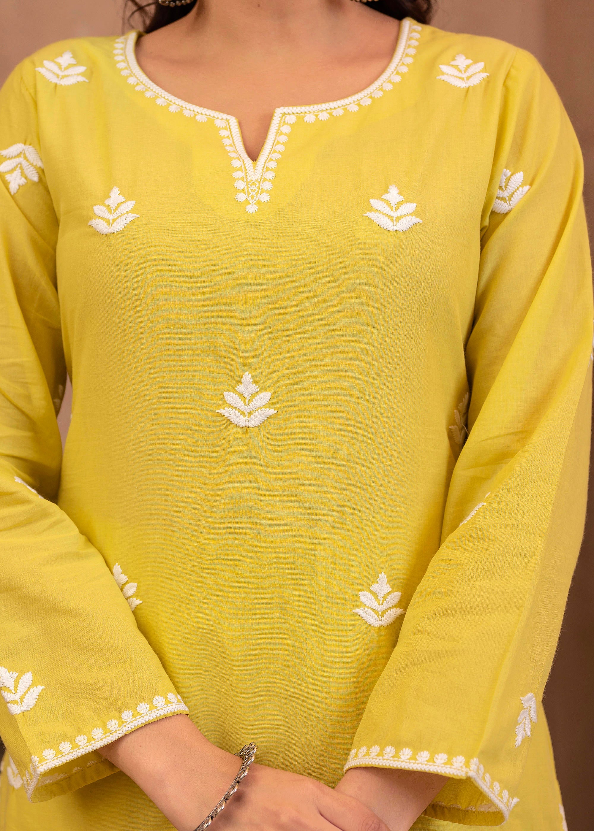 Lime Yellow Floral Embroidered Cotton Kurta with Palazzo & Lace Work
