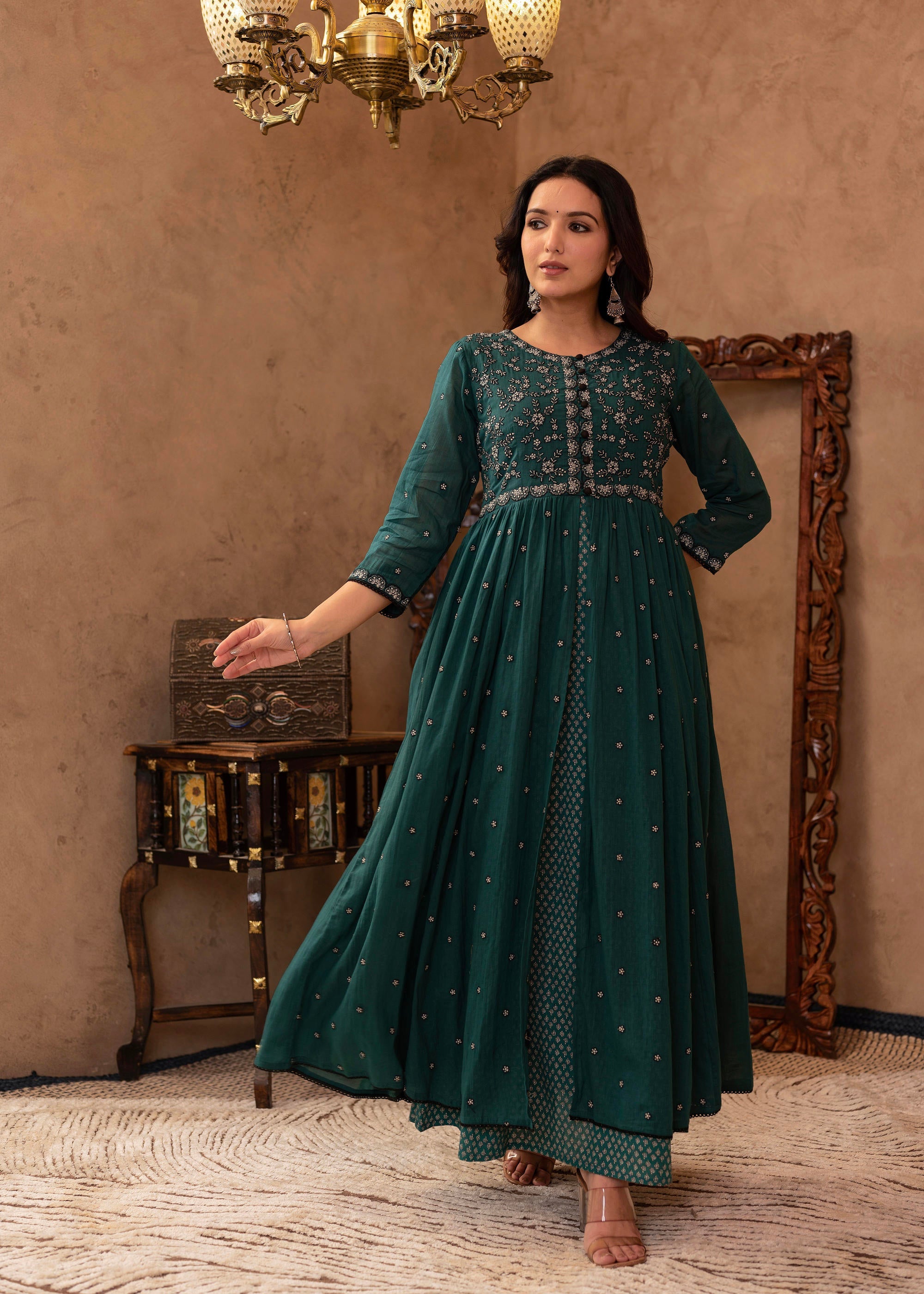 Green Floral Embroidered Cotton Dress with Button Details