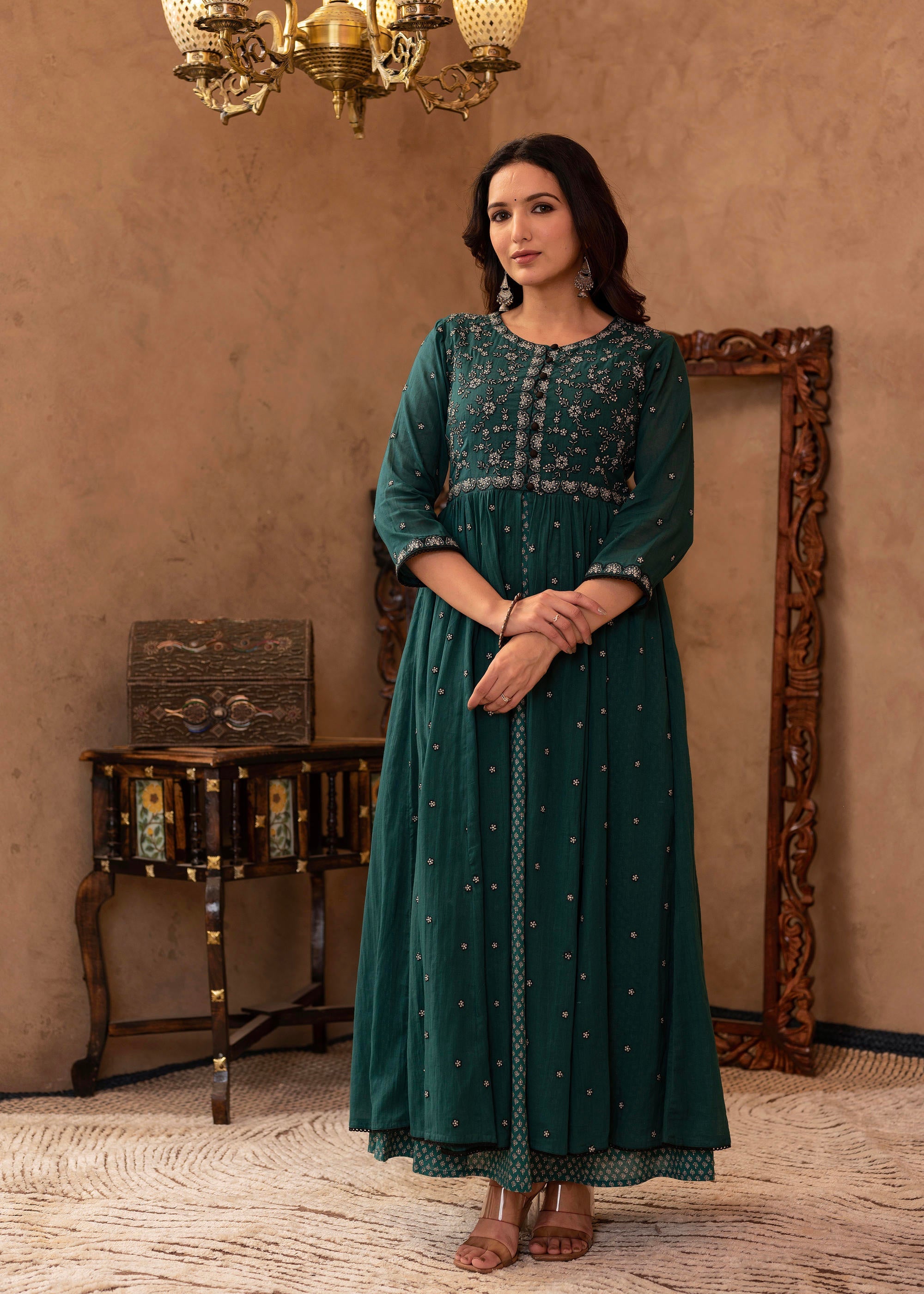 Green Floral Embroidered Cotton Dress with Button Details