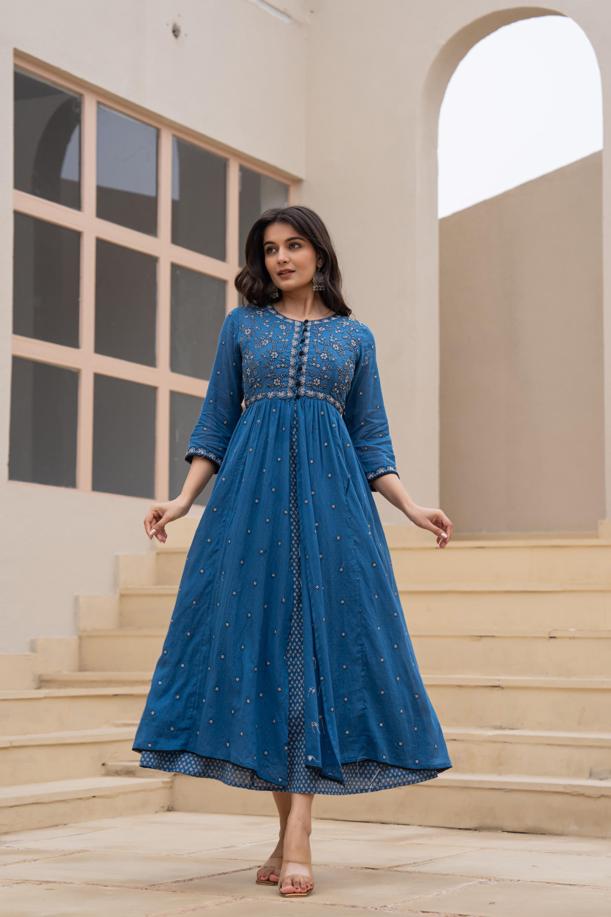 Indigo Floral Embroidered Cotton Dress with Button Closure & Cotton Lace