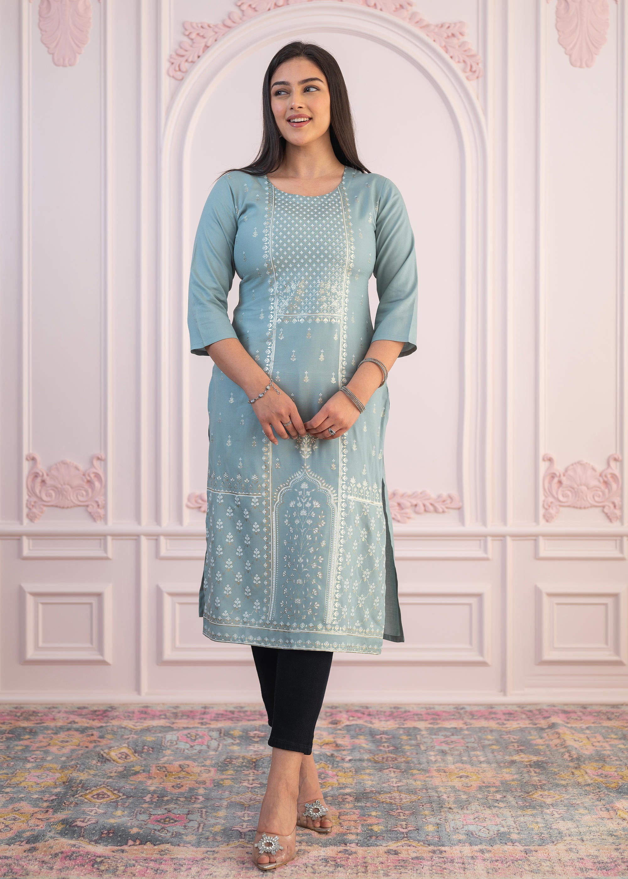 Mint Printed Viscose Straight Fit Kurta