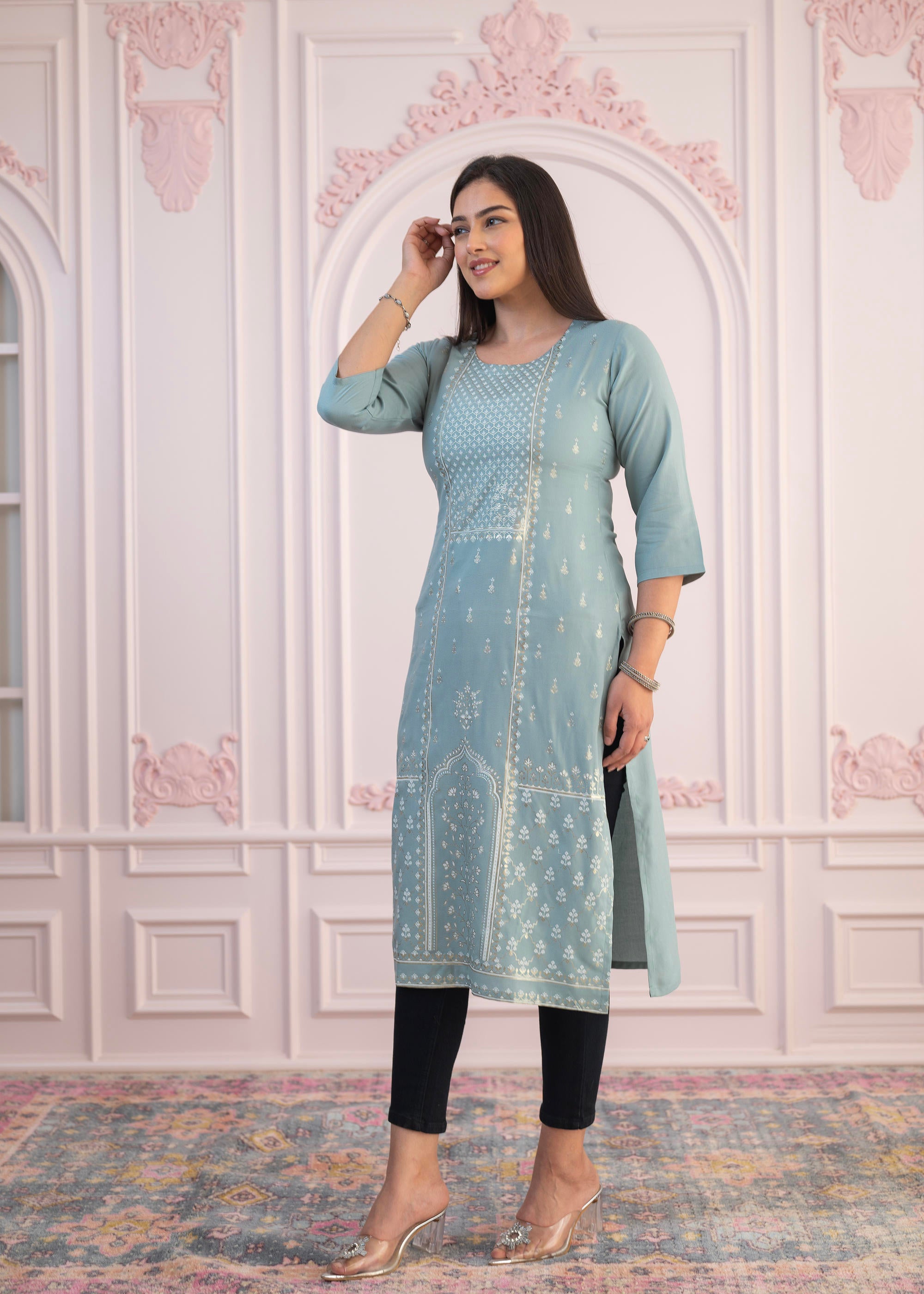 Mint Printed Viscose Straight Fit Kurta