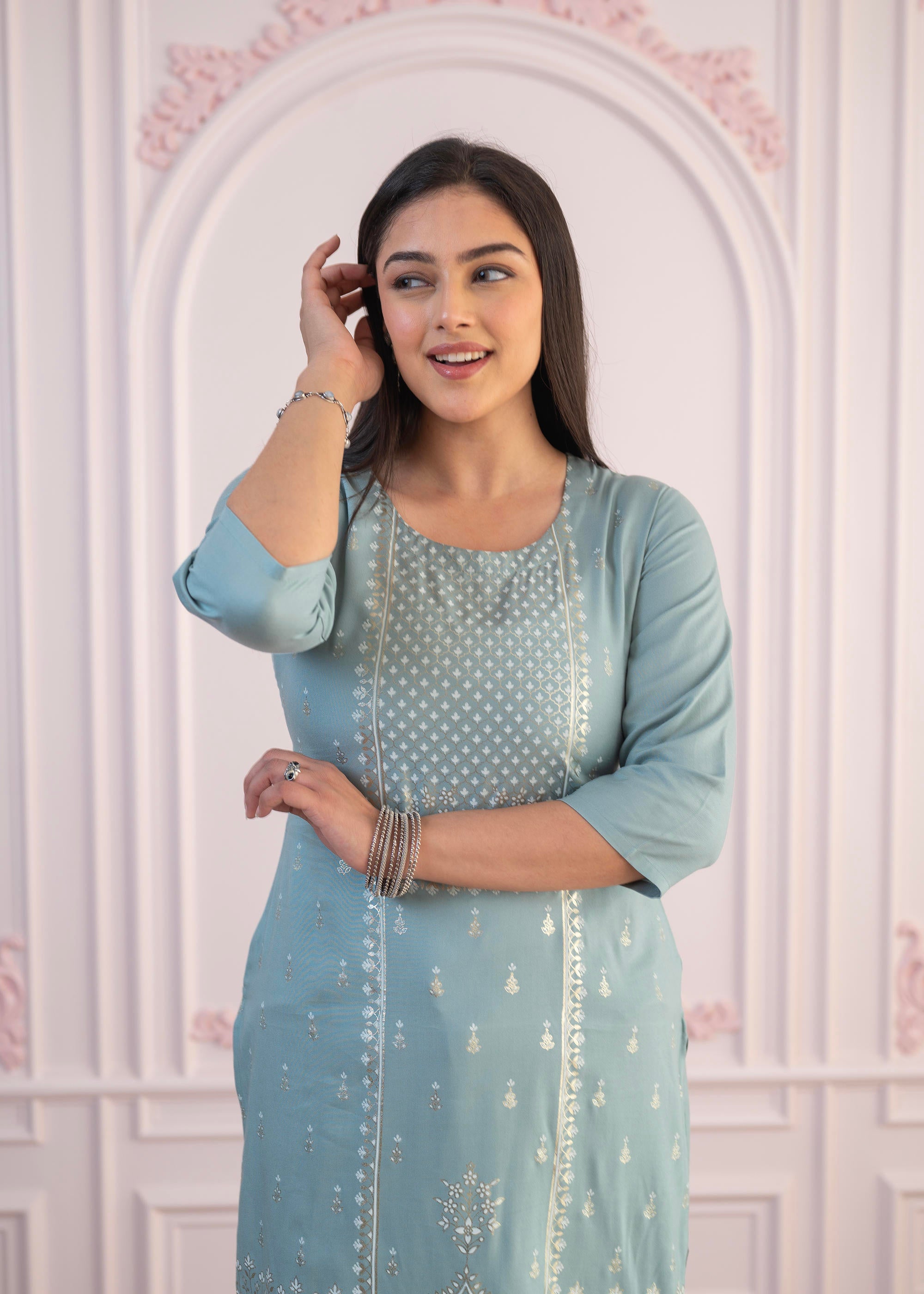 Mint Printed Viscose Straight Fit Kurta