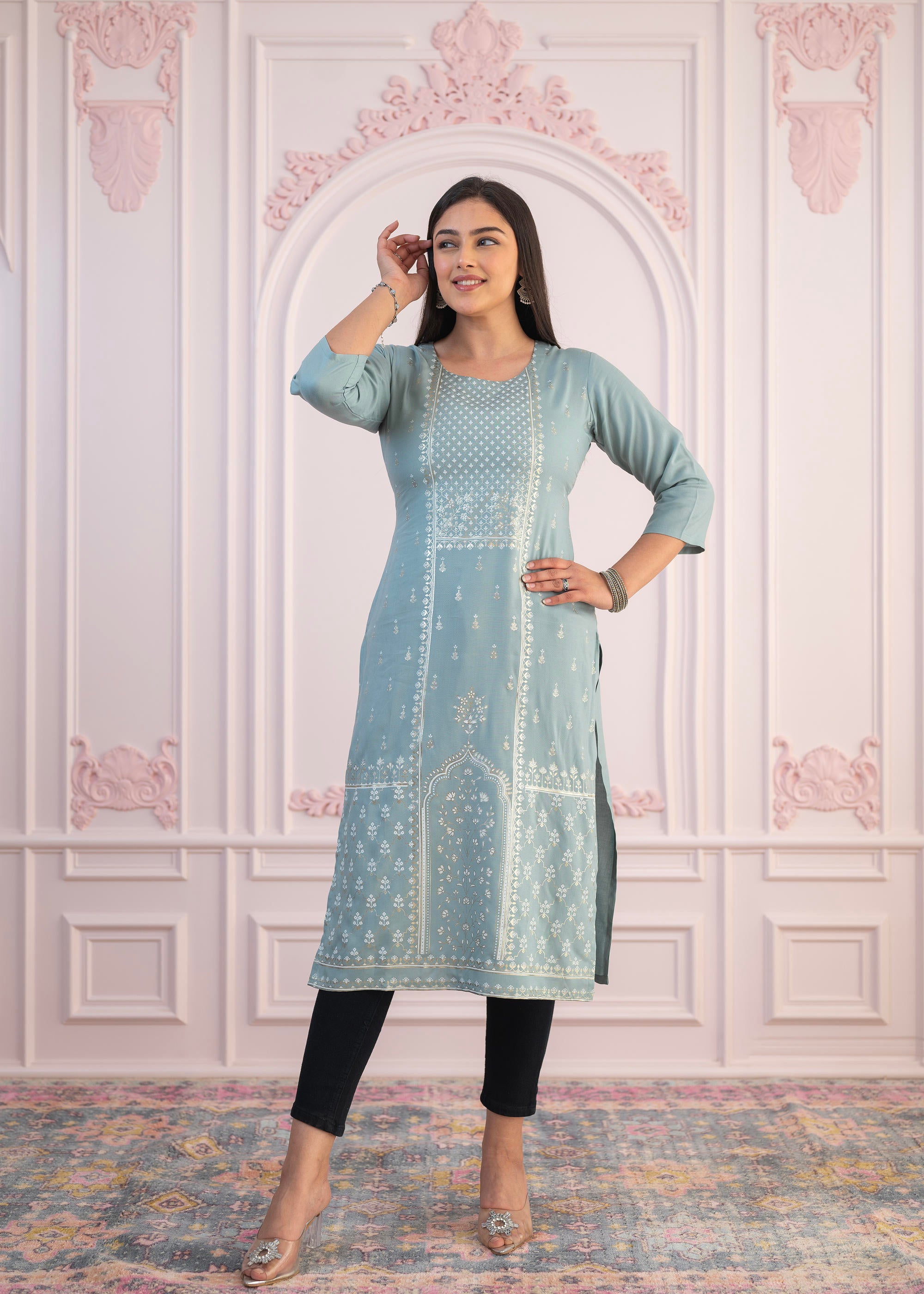 Mint Printed Viscose Straight Fit Kurta