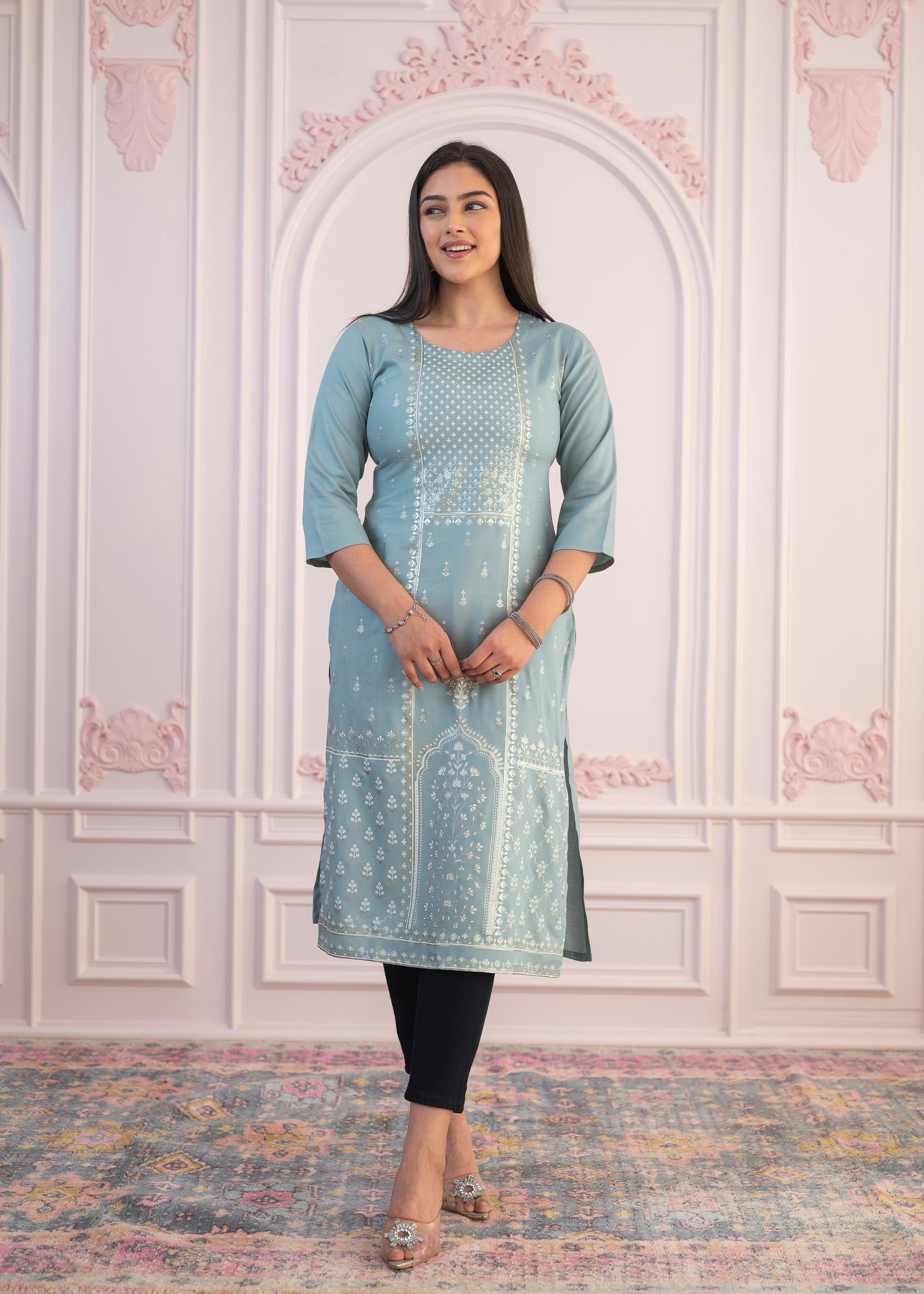 Mint Printed Viscose Straight Fit Kurta