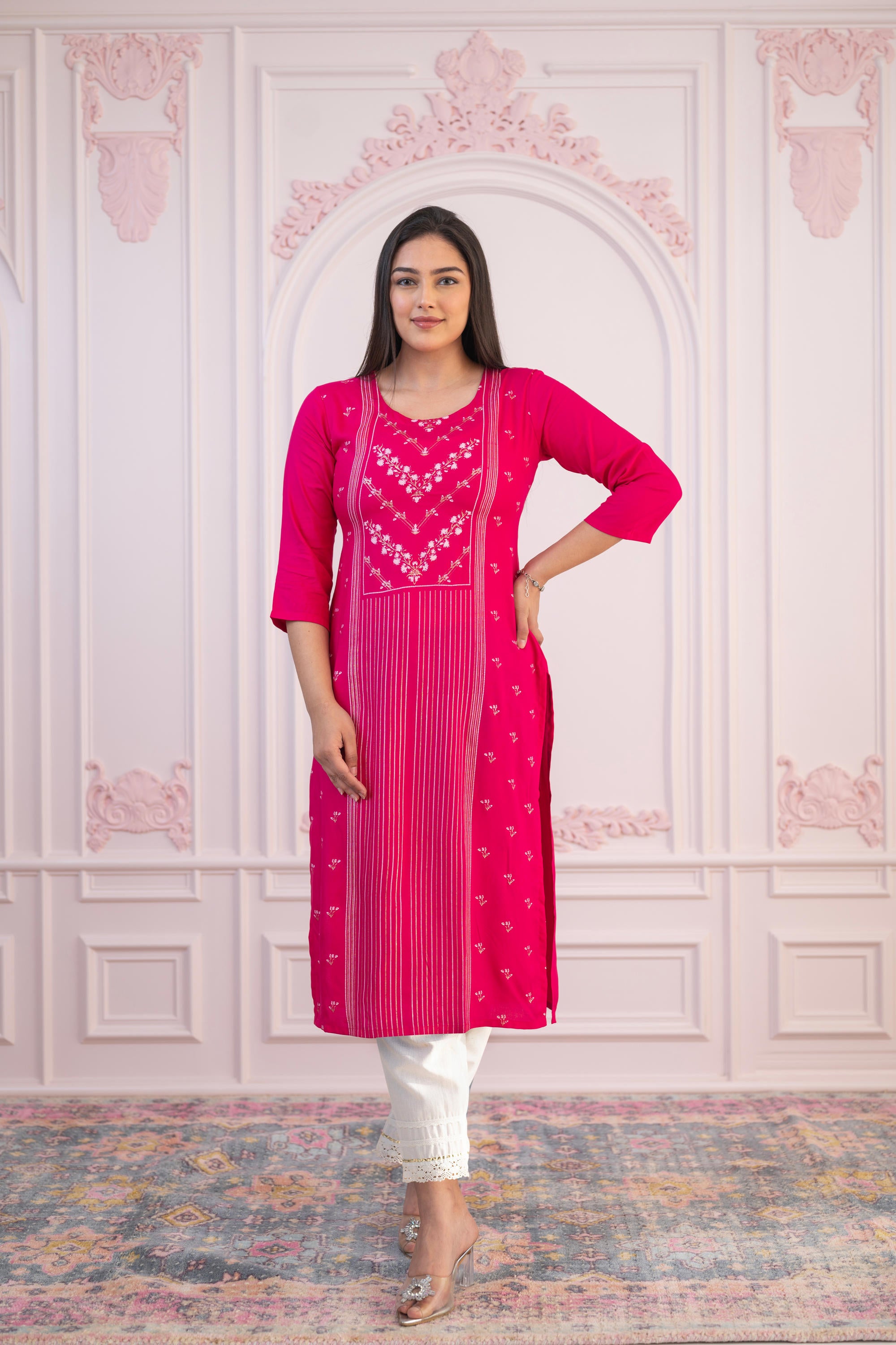 Fuchsia Printed Viscose Straight Fit Kurta with Round Neck