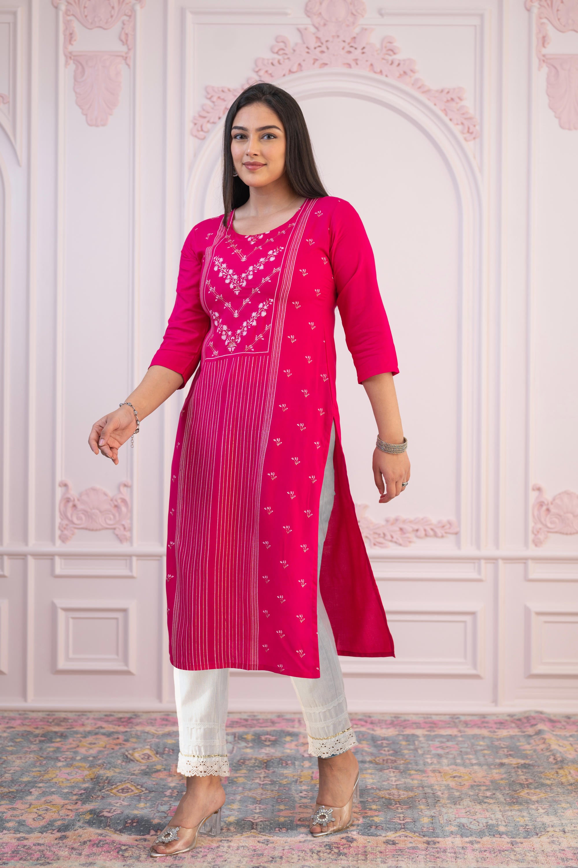 Fuchsia Printed Viscose Straight Fit Kurta with Round Neck