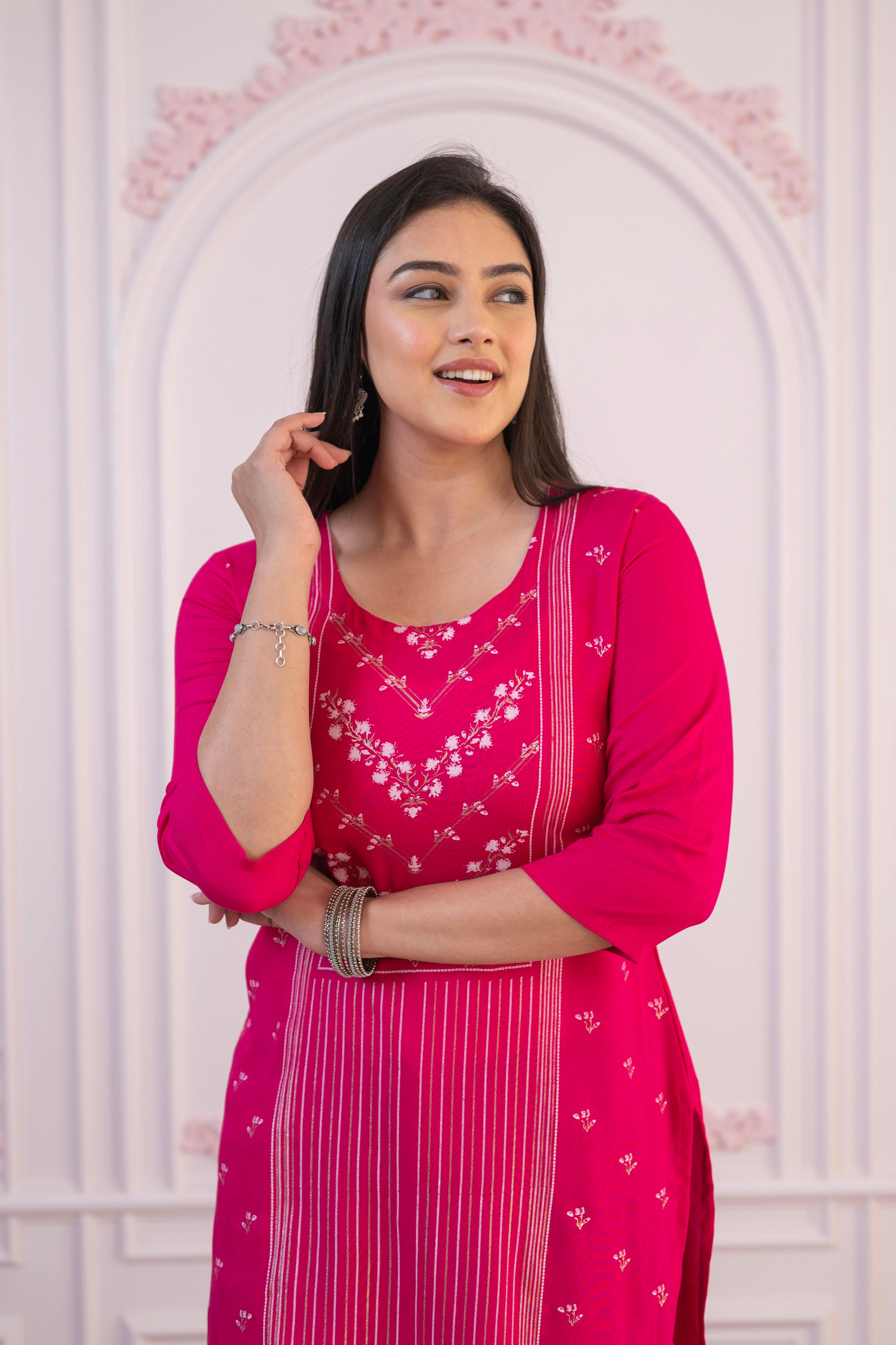 Fuchsia Printed Viscose Straight Fit Kurta with Round Neck