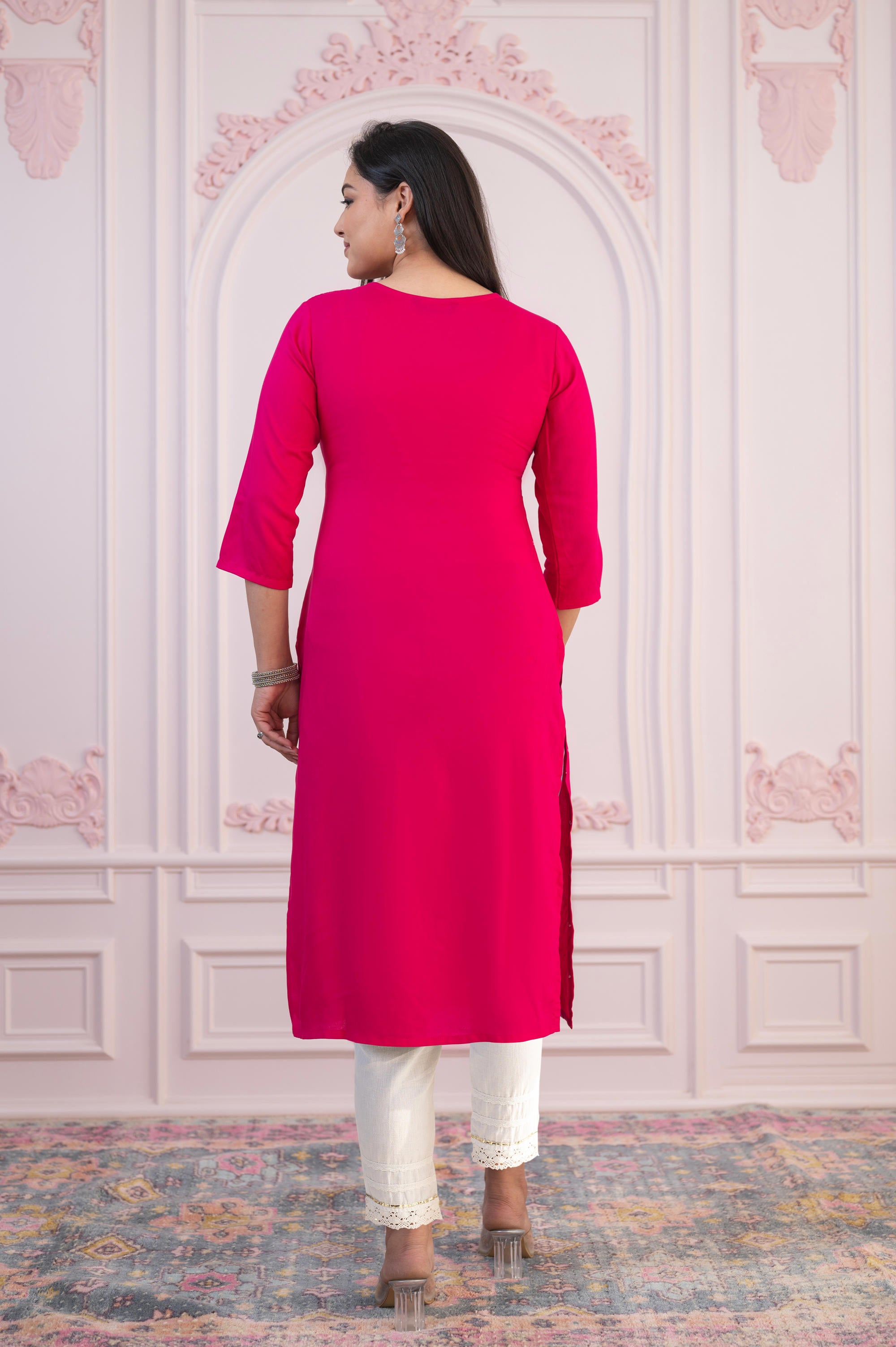 Fuchsia Printed Viscose Straight Fit Kurta with Round Neck