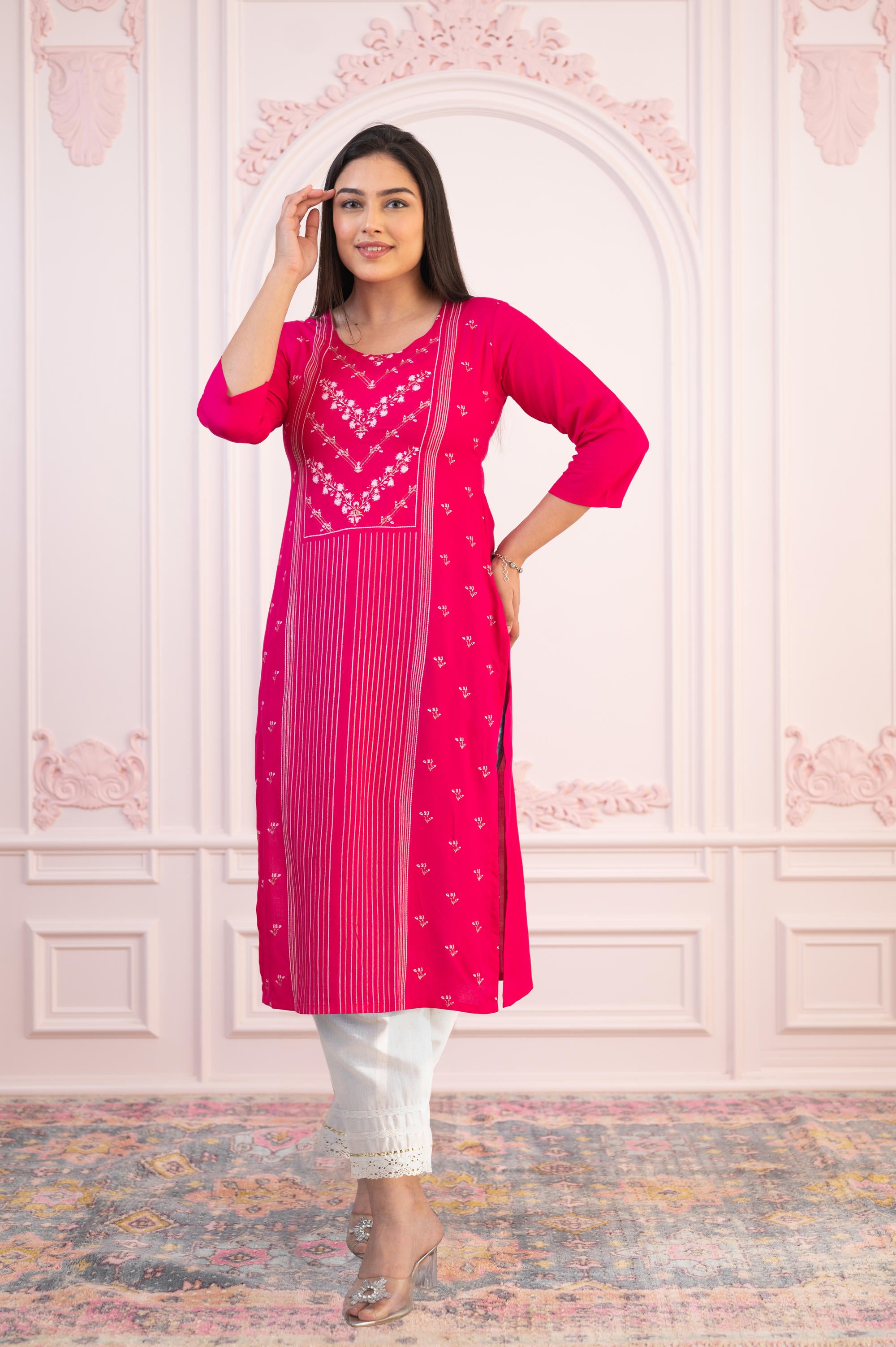 Fuchsia Printed Viscose Straight Fit Kurta with Round Neck