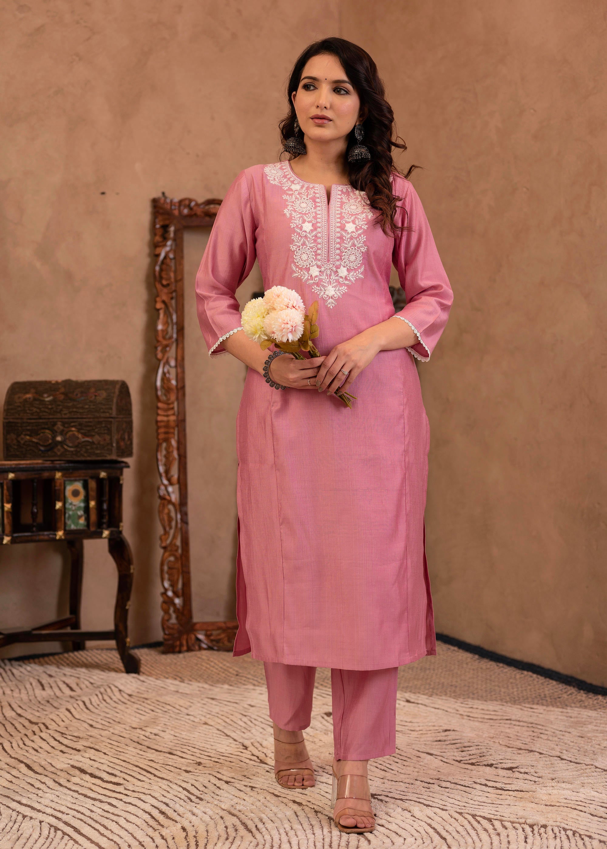Pink Embroidered Viscose Kurta-Palazzo Set with Thread Work & Cotton Lace