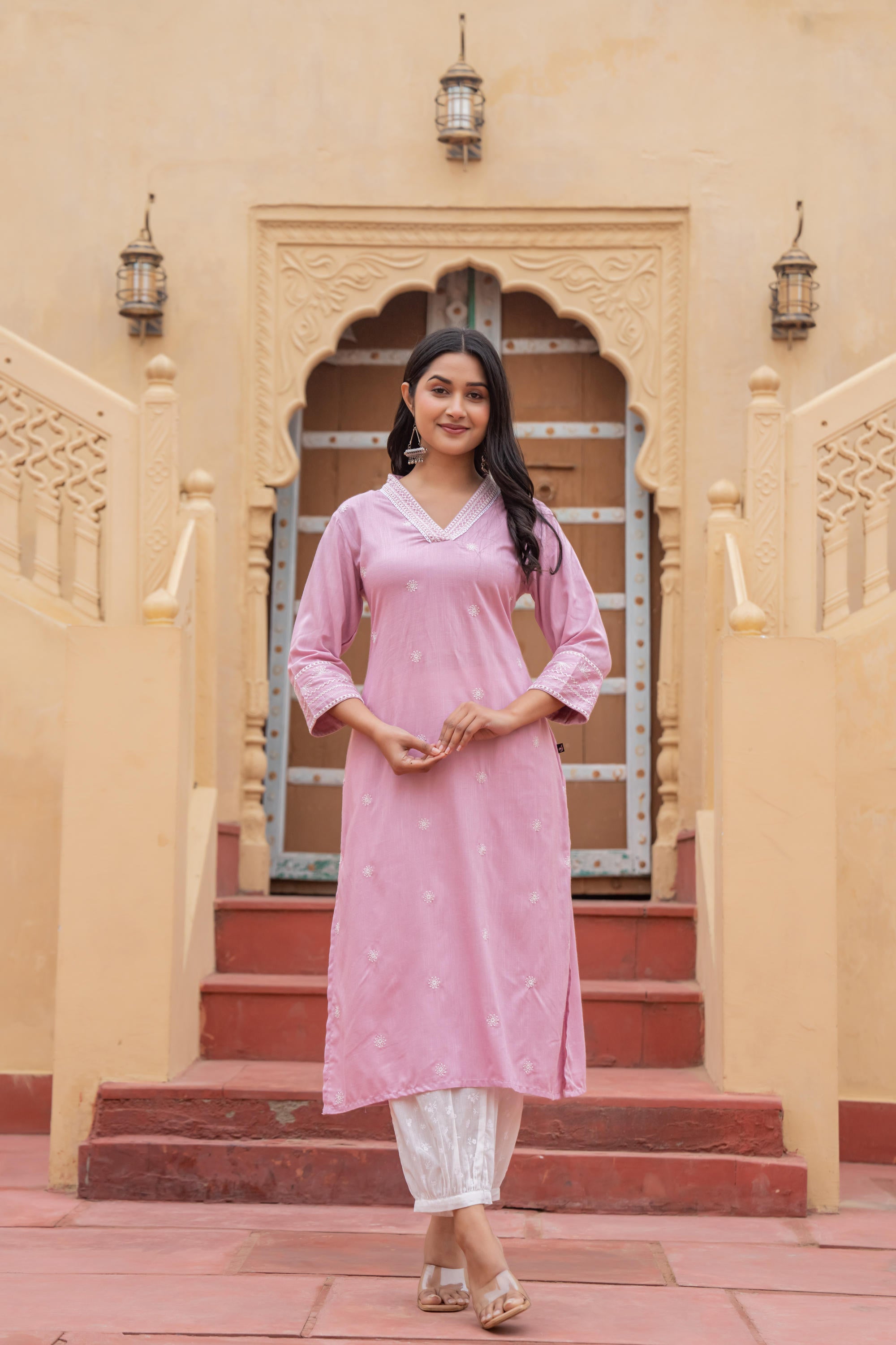 Pink Embroidered Viscose Kurta with Printed Cotton Pant