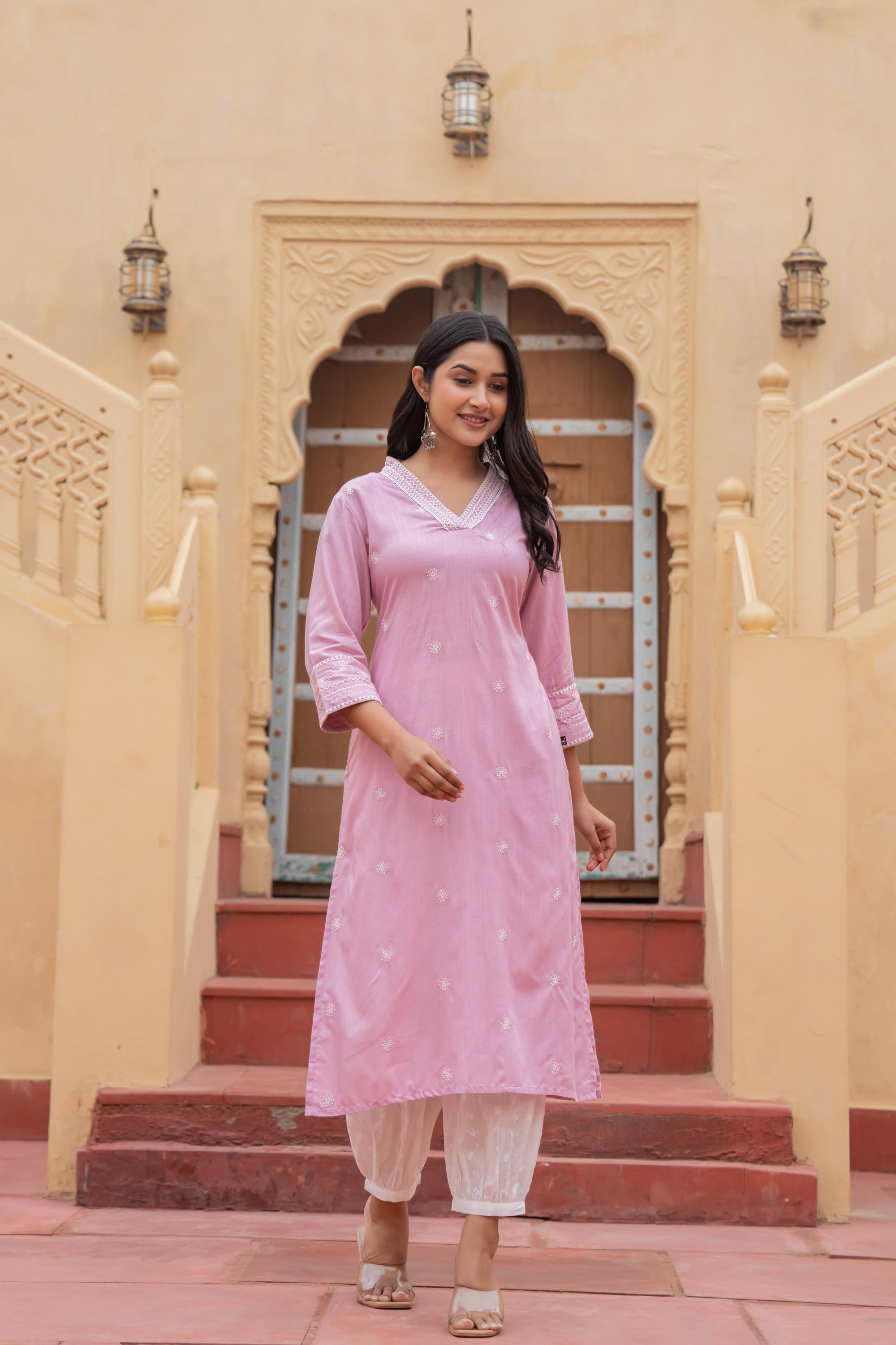 Pink Embroidered Viscose Kurta with Printed Cotton Pant