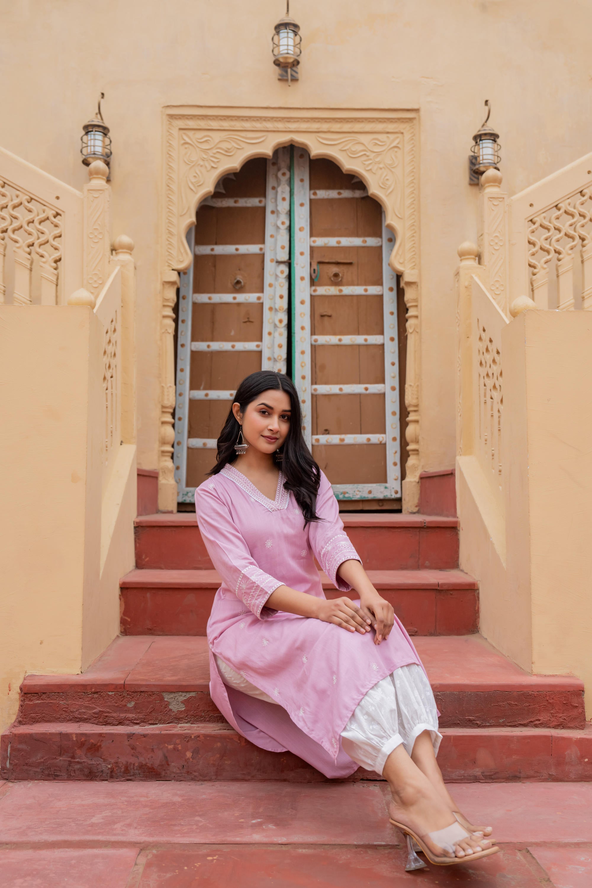 Pink Embroidered Viscose Kurta with Printed Cotton Pant