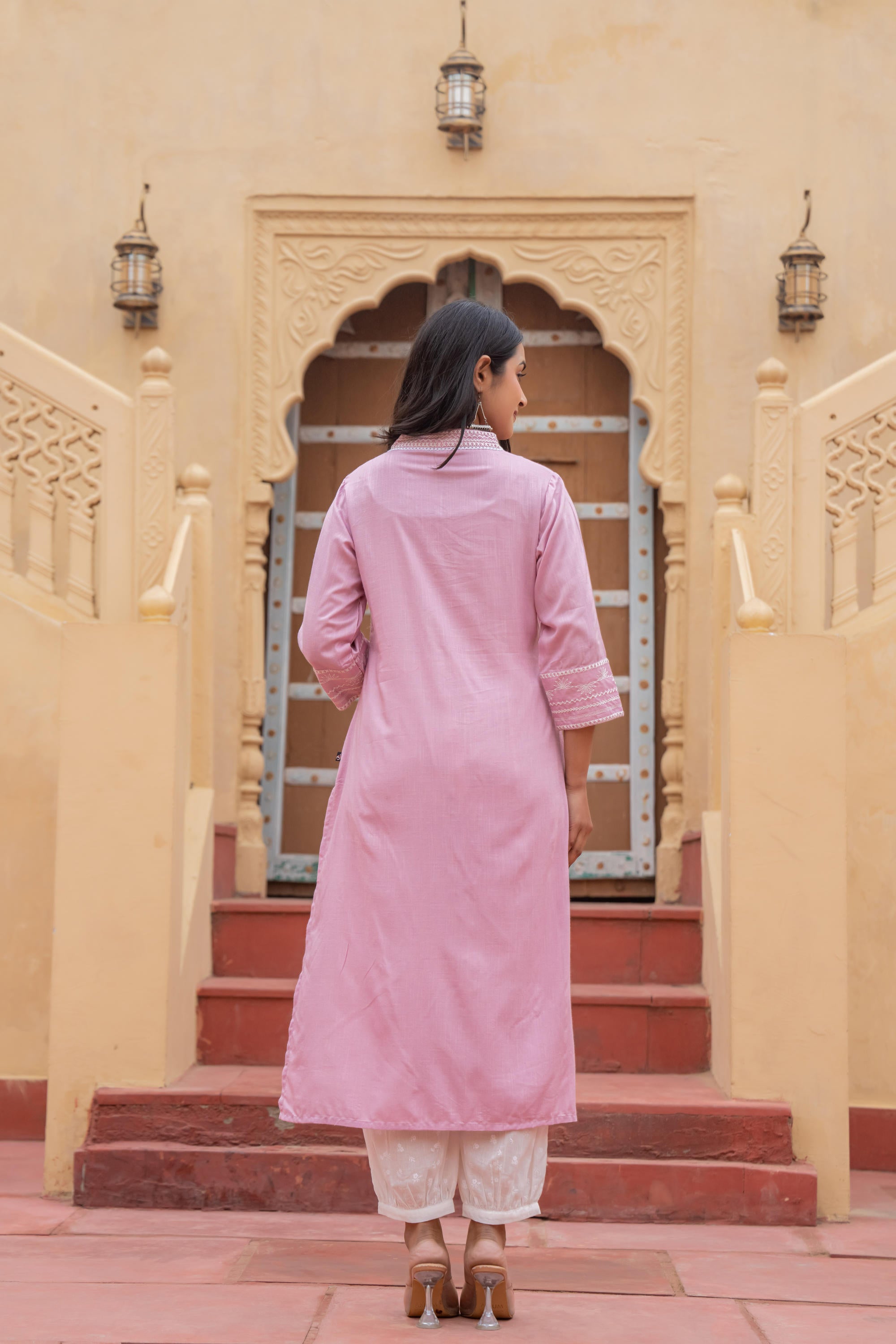 Pink Embroidered Viscose Kurta with Printed Cotton Pant