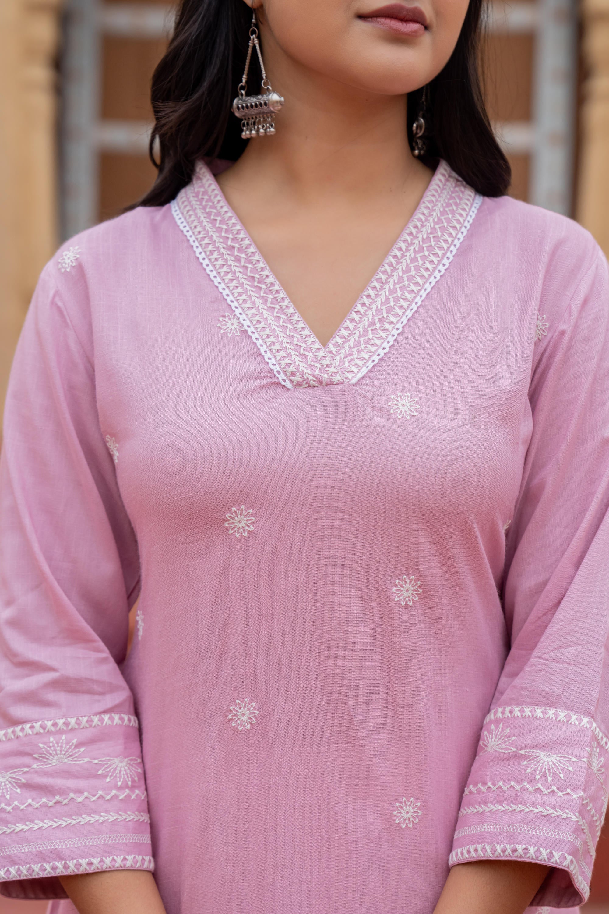 Pink Embroidered Viscose Kurta with Printed Cotton Pant