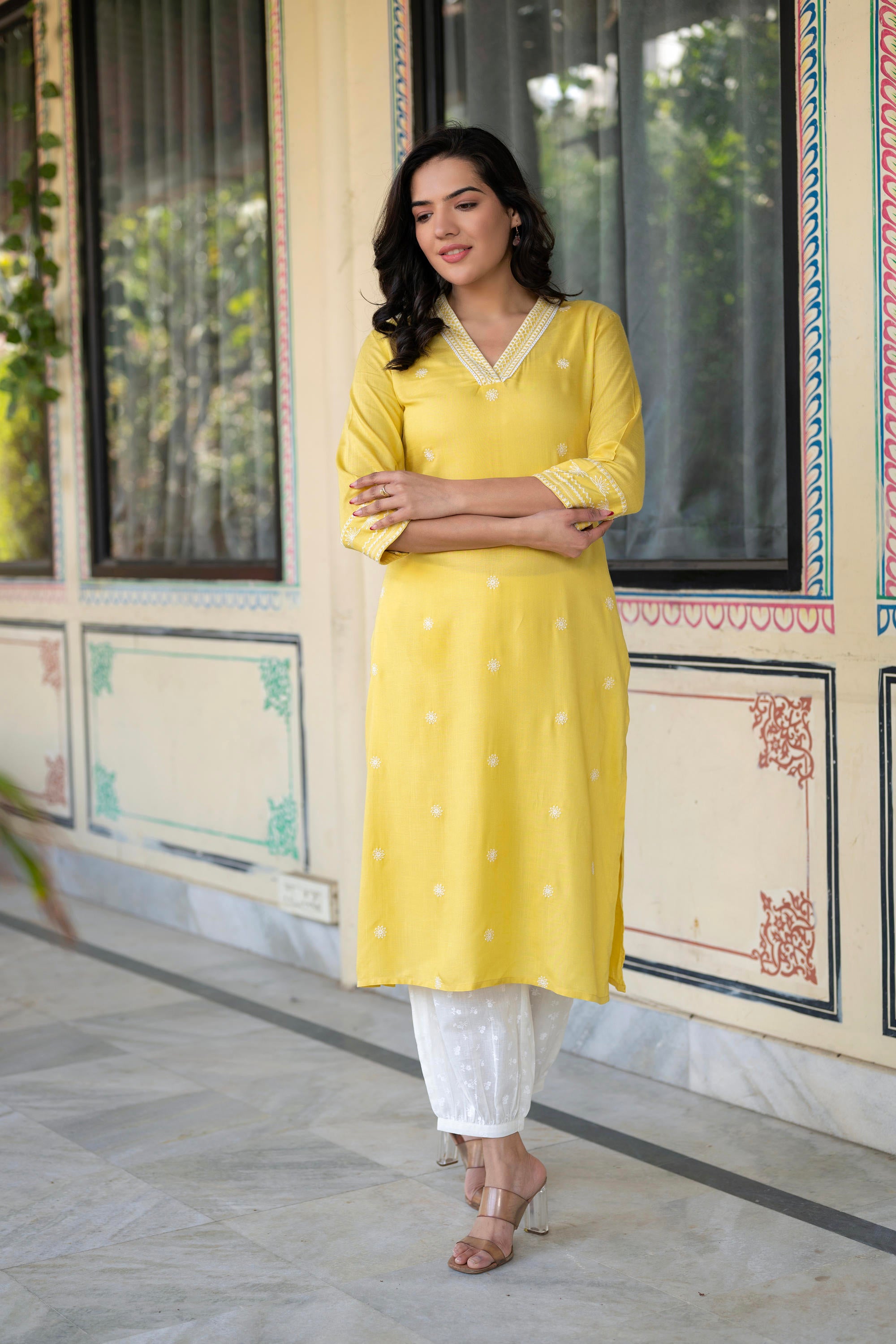 Yellow Embroidered Viscose Kurta with Printed Cotton Pant