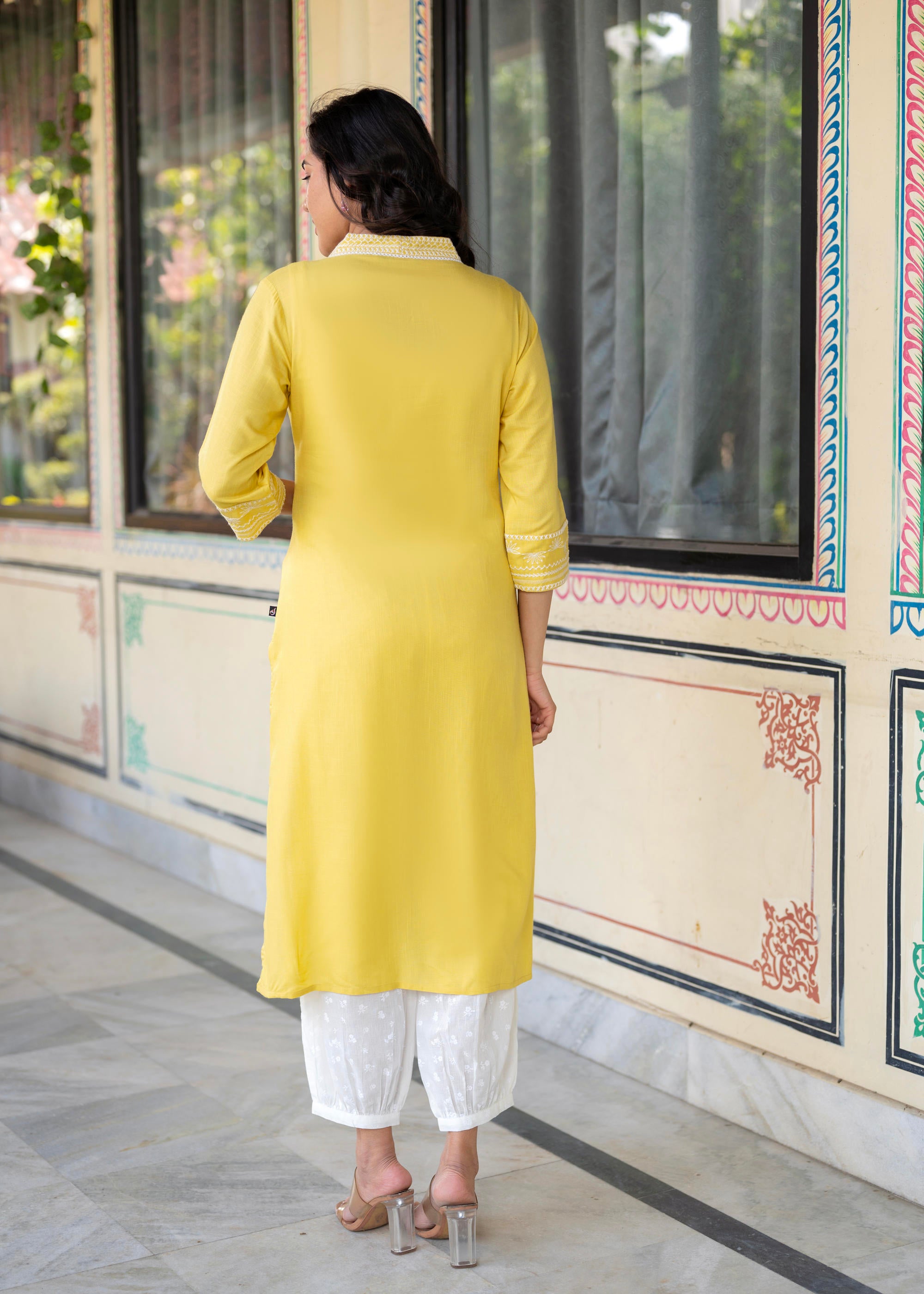 Yellow Embroidered Viscose Kurta with Printed Cotton Pant