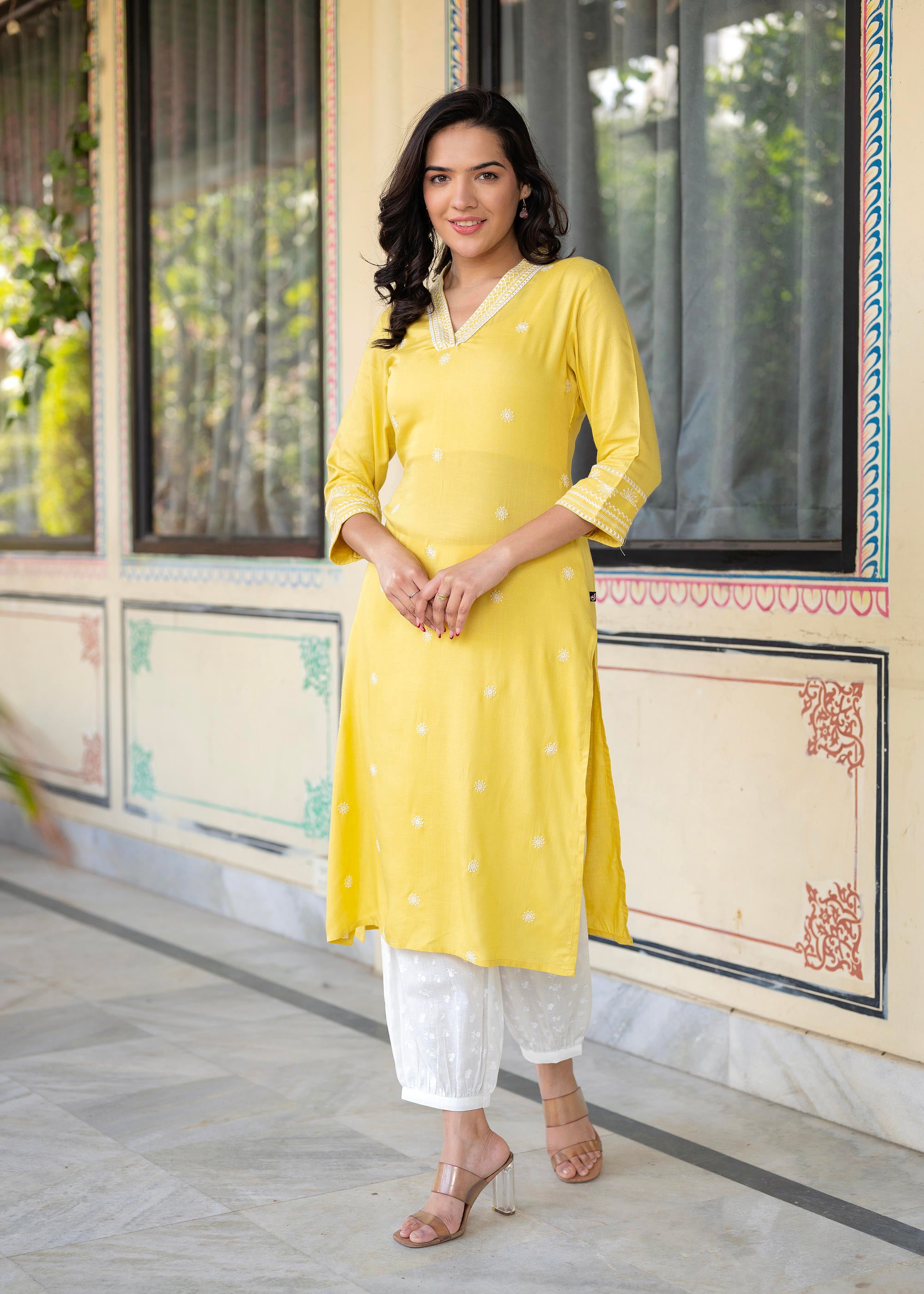 Yellow Embroidered Viscose Kurta with Printed Cotton Pant