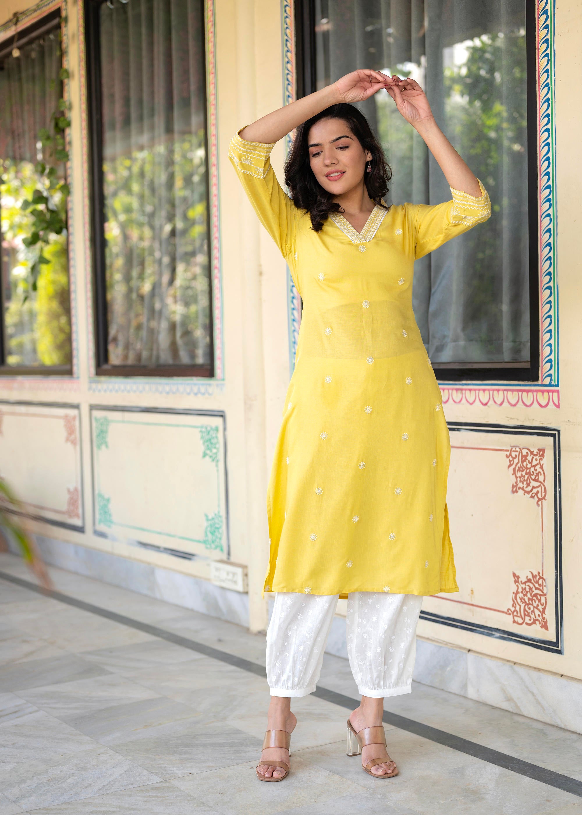 Yellow Embroidered Viscose Kurta with Printed Cotton Pant