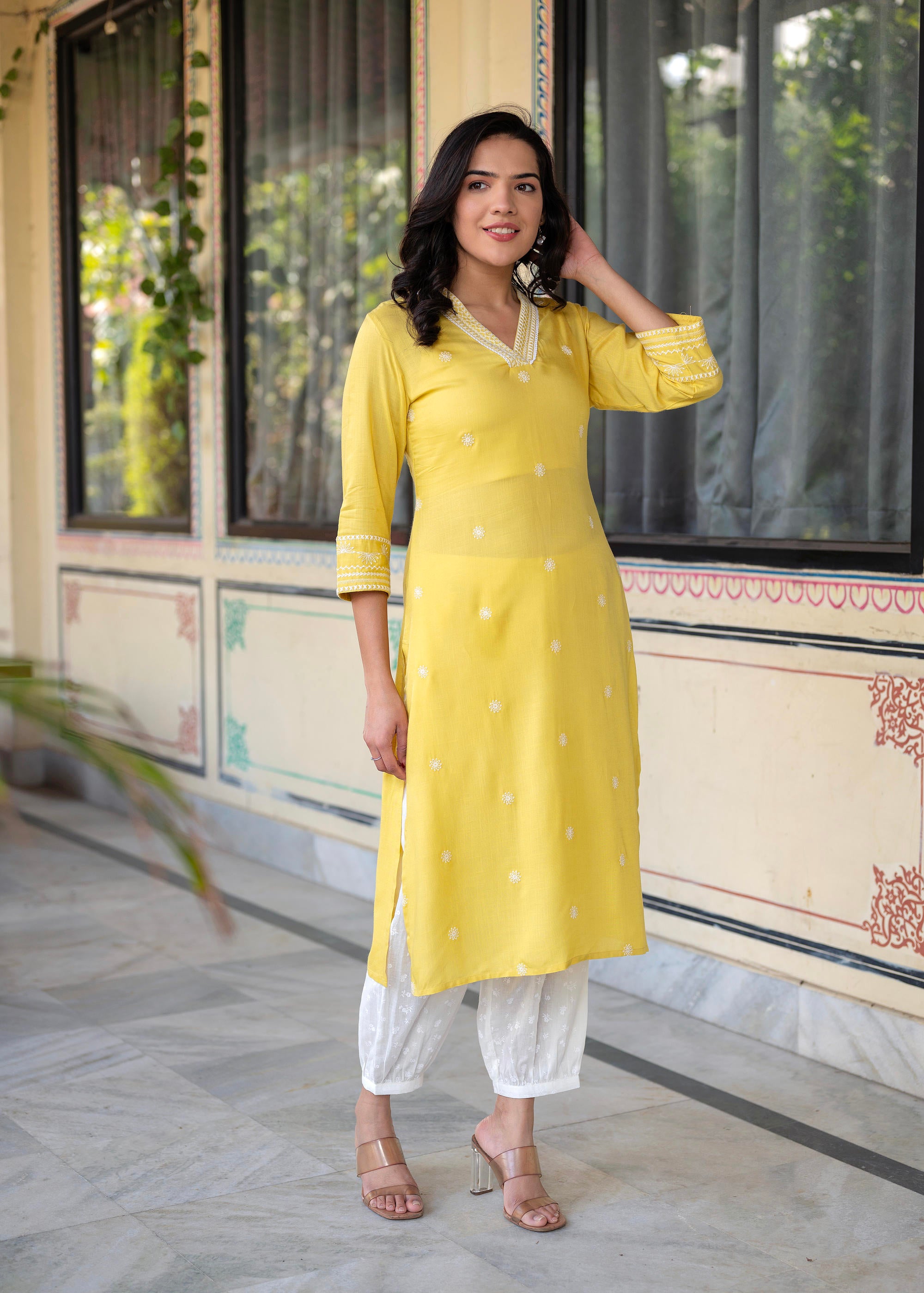 Yellow Embroidered Viscose Kurta with Printed Cotton Pant