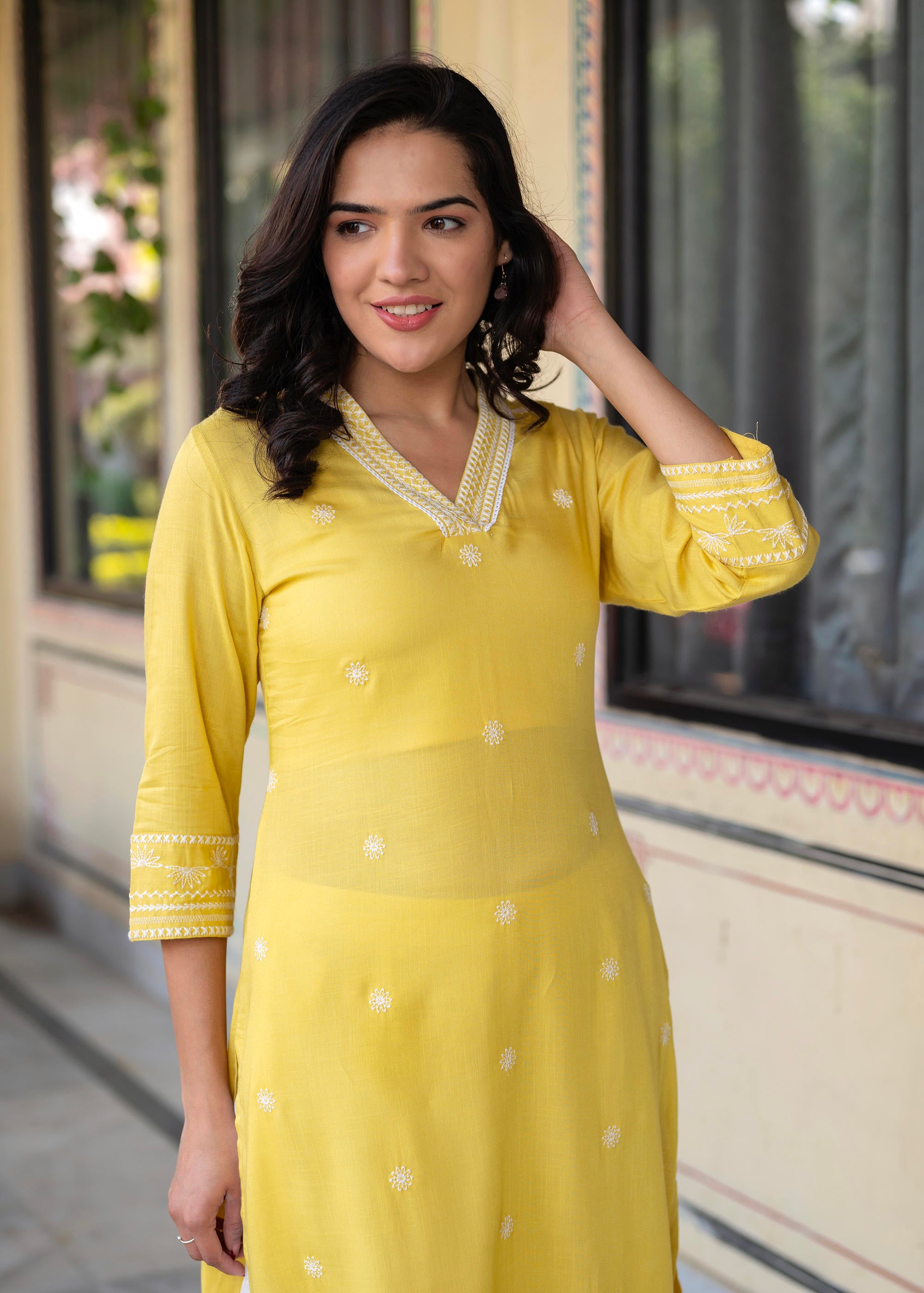 Yellow Embroidered Viscose Kurta with Printed Cotton Pant